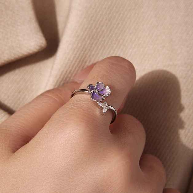 “Lavender Flutter” 925 Sterling Silver Purple Butterfly Flower Adjustable Open Ring - Image 2