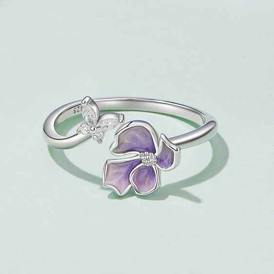 “Lavender Flutter” 925 Sterling Silver Purple Butterfly Flower Adjustable Open Ring - Image 3
