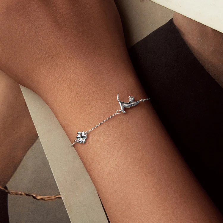 "Lazy Stretch Cat" 925 Sterling Silver Bracelet – White Gold Plated - Image 3