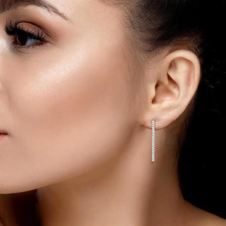 “Linear Radiance” 925 Sterling Silver Diamond Bar Drop Earrings - Image 2