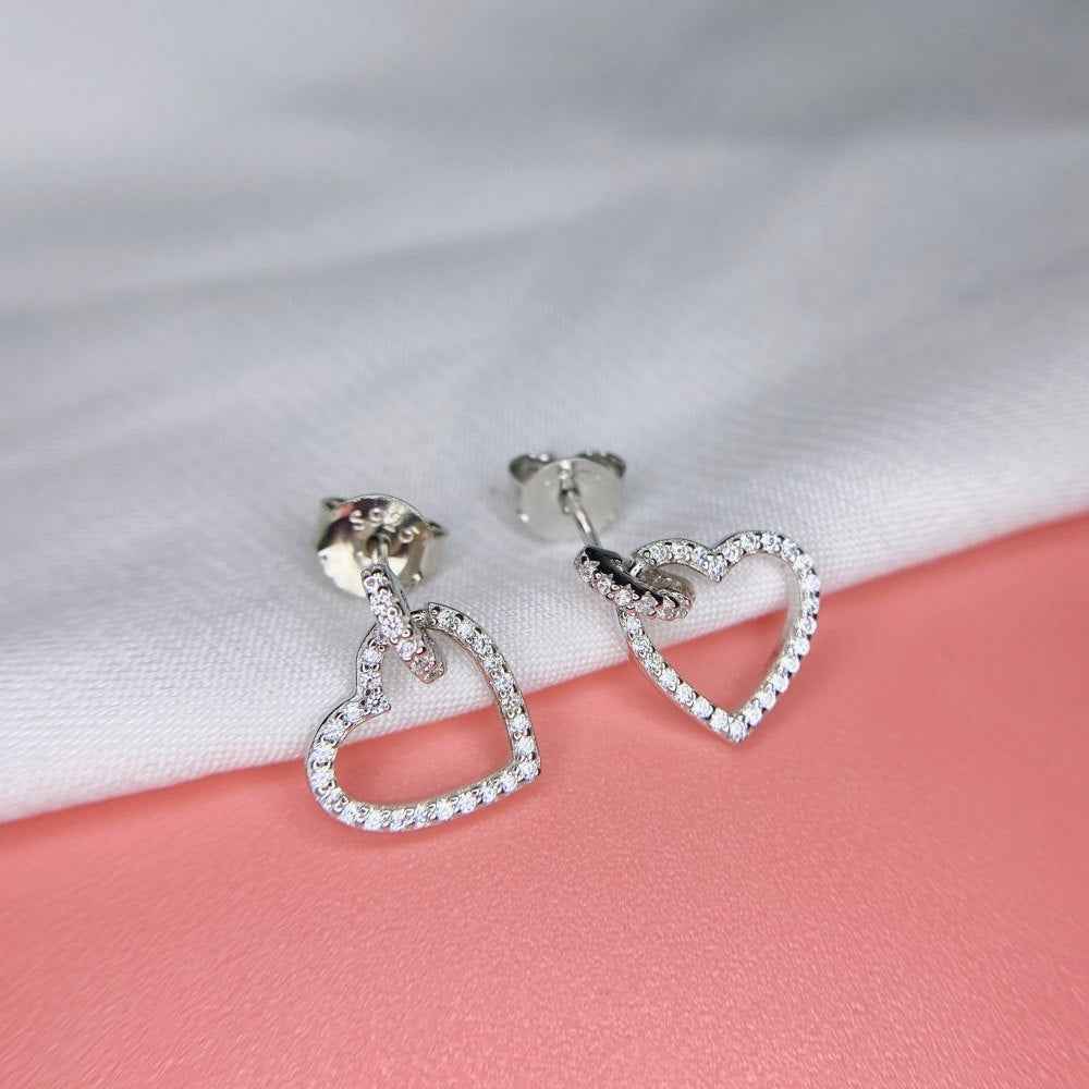 “Lovette Halo” S925 Sterling Silver Pavé Heart Stud Earrings - Image 4