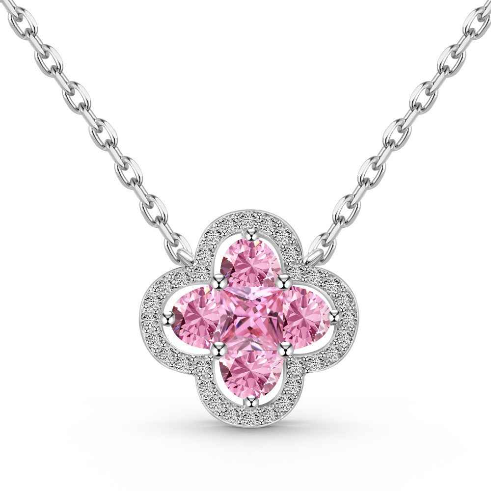 "Lucky Clover" – S925 Silver Four-Leaf Clover Necklace & Stud Earrings Set in White or Pink CZ - Image 3