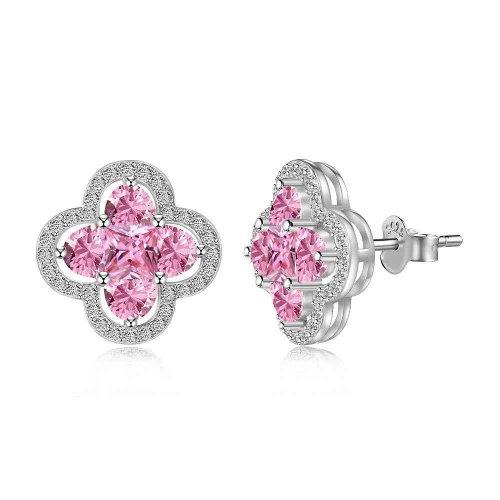 "Lucky Clover" – S925 Silver Four-Leaf Clover Necklace & Stud Earrings Set in White or Pink CZ - Image 4