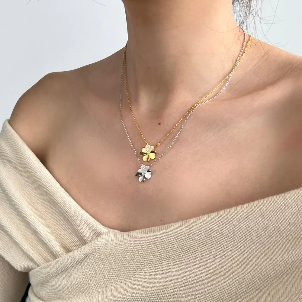 “Lucky Heart Clover” S925 Sterling Silver Heart Clover Jewelry Set (Necklace & Ring) - Image 2