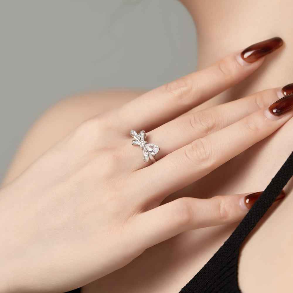 “Lumière Bow” 925 Sterling Silver Pear-Cut Bow Ring - Image 2