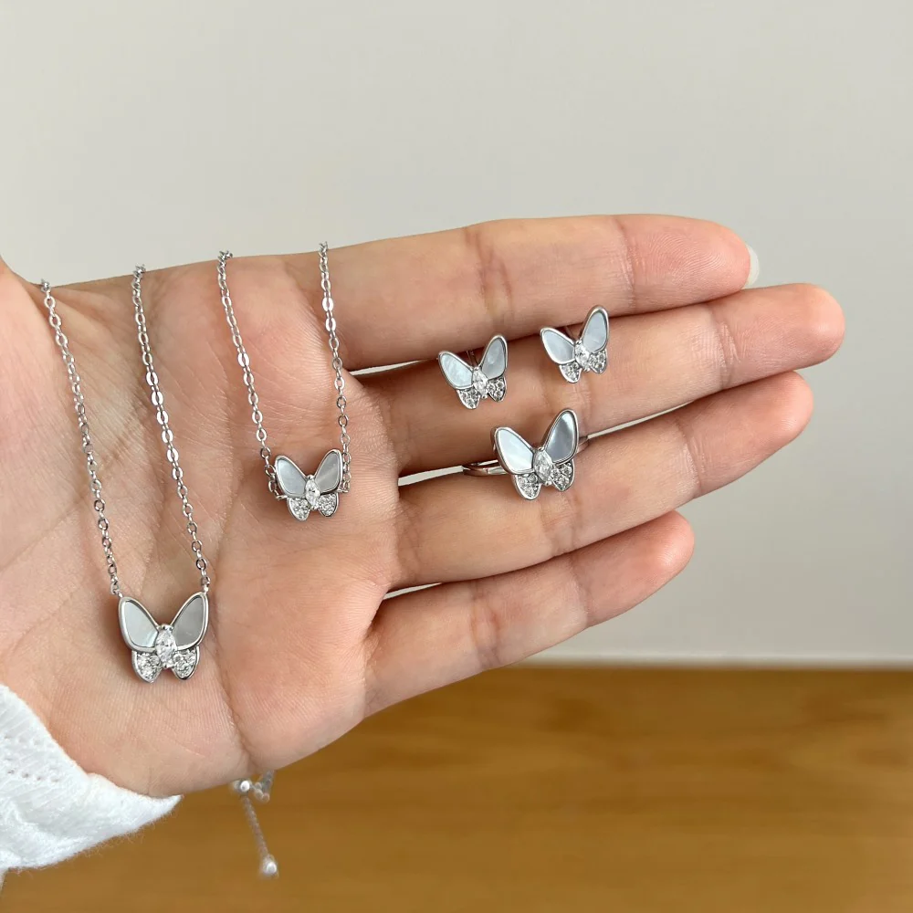 “Lumière Papillon” S925 Sterling Silver Mother-of-Pearl Butterfly Jewelry Set (Necklace, Bracelet, Earrings & Ring) - Image 5