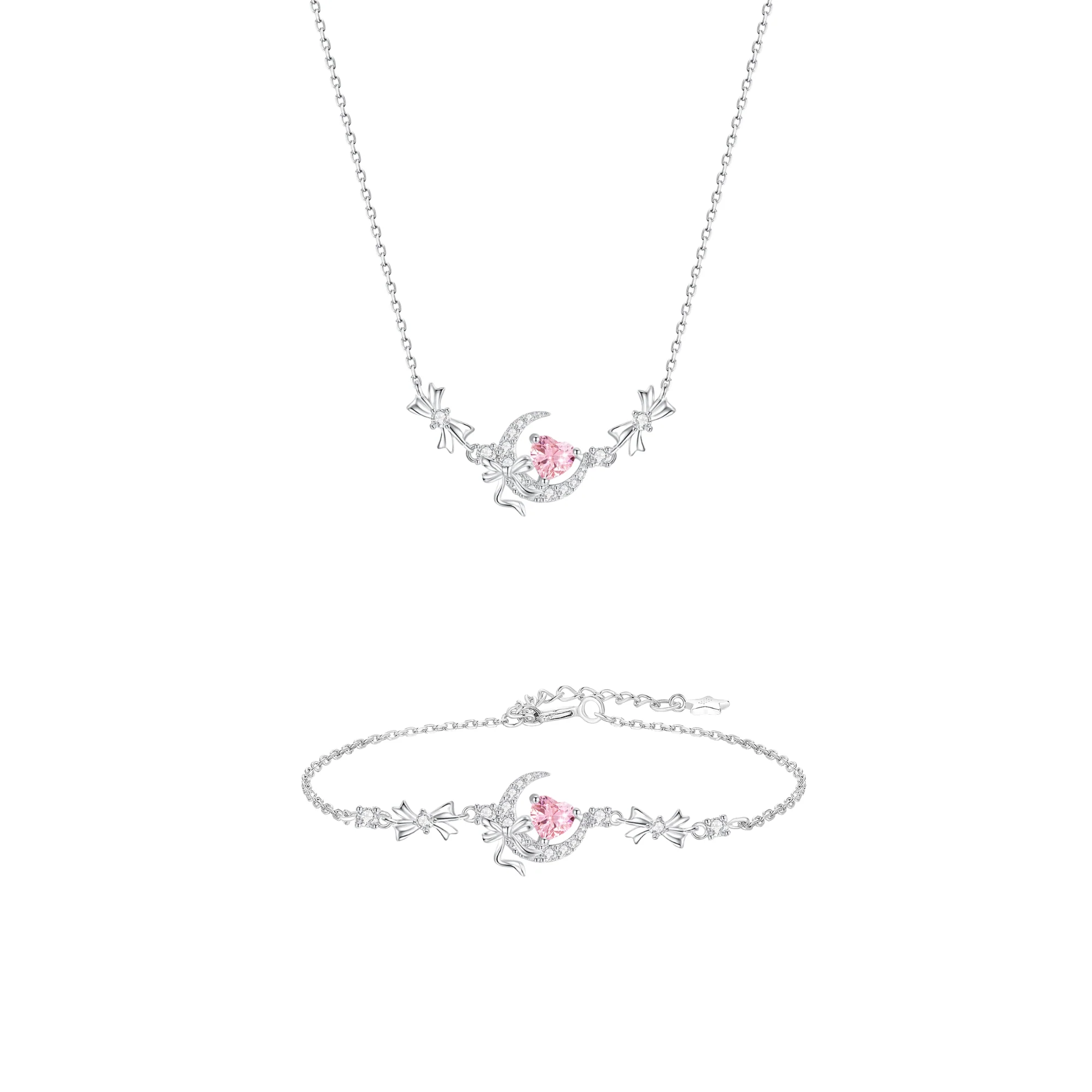 Luna Amour Bow 925 Sterling Silver Pink Crystal Heart & Moon Necklace & Bracelet Set