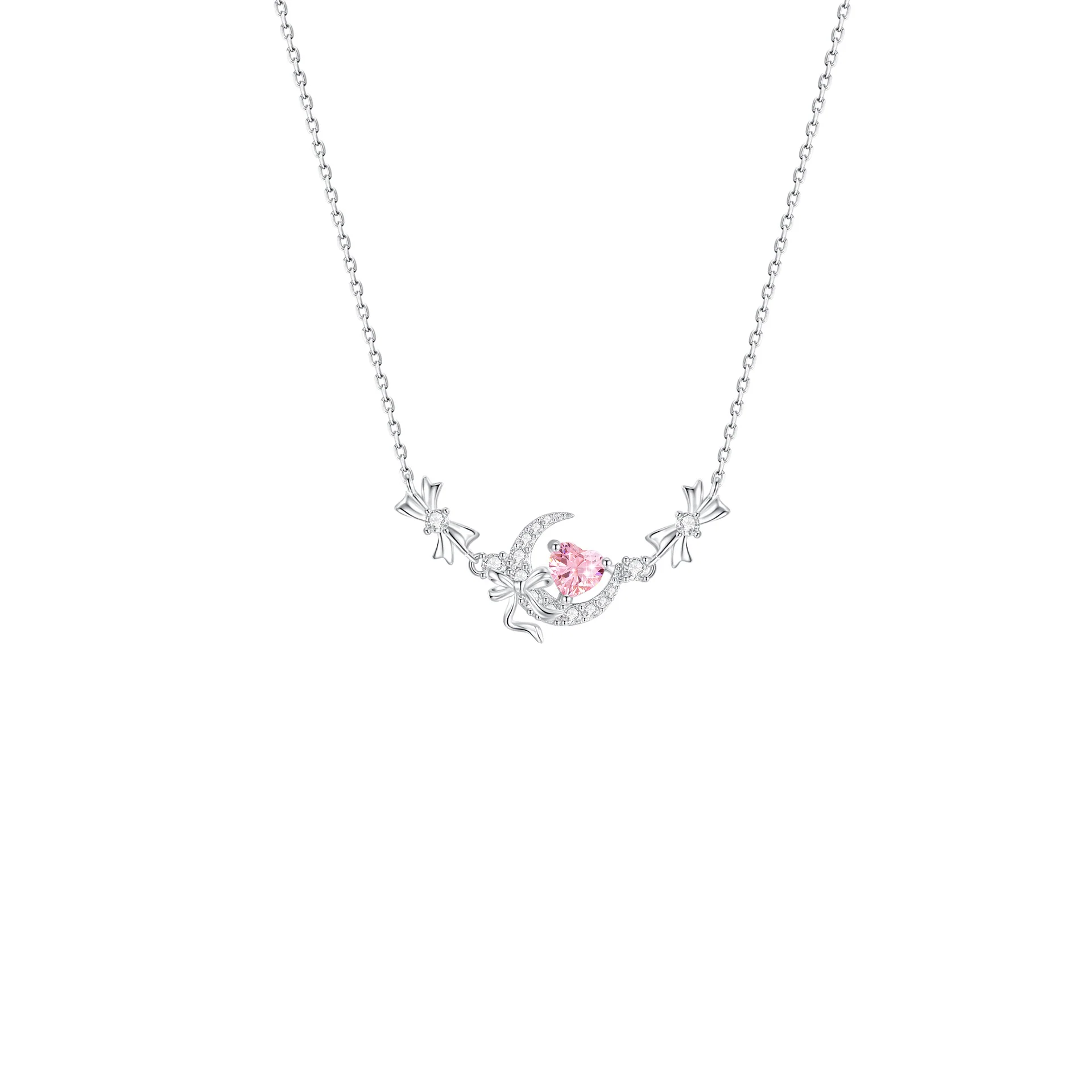 Luna Amour Bow 925 Sterling Silver Pink Crystal Heart & Moon Necklace & Bracelet Set - Image 2