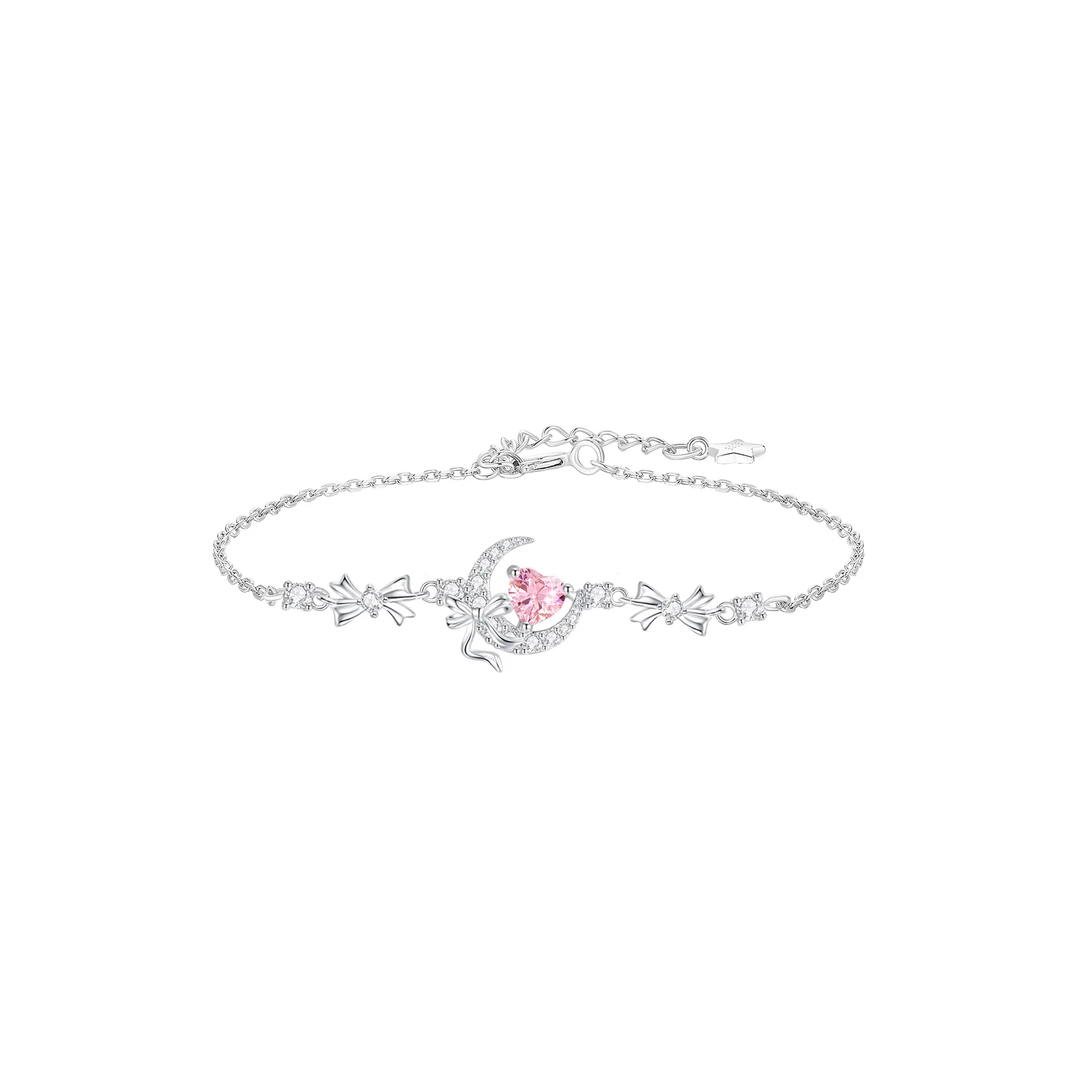 Luna Amour Bow 925 Sterling Silver Pink Crystal Heart & Moon Necklace & Bracelet Set - Image 3
