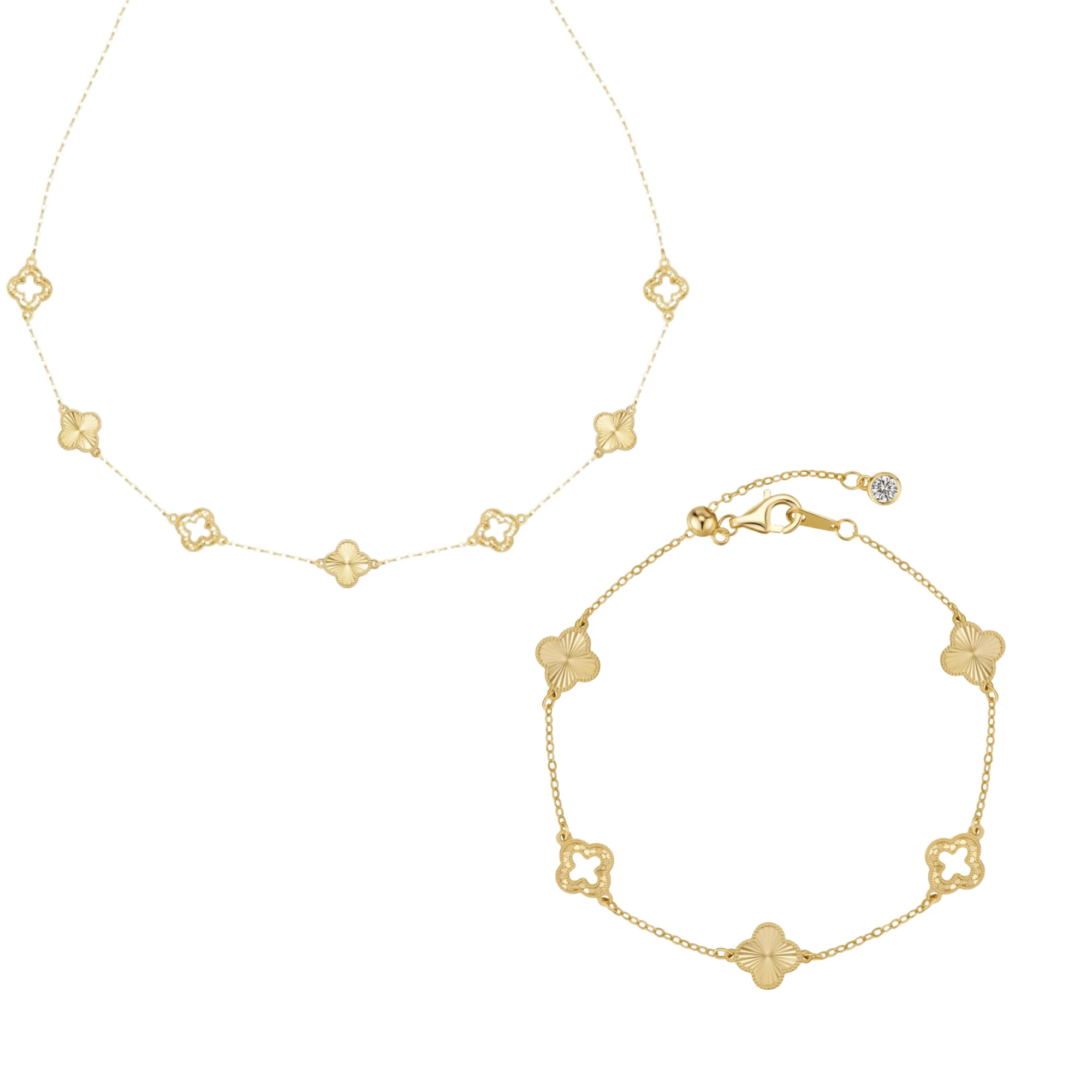 “Luster Clover” 925 Sterling Silver Laser-Cut Clover Necklace & Bracelet Set
