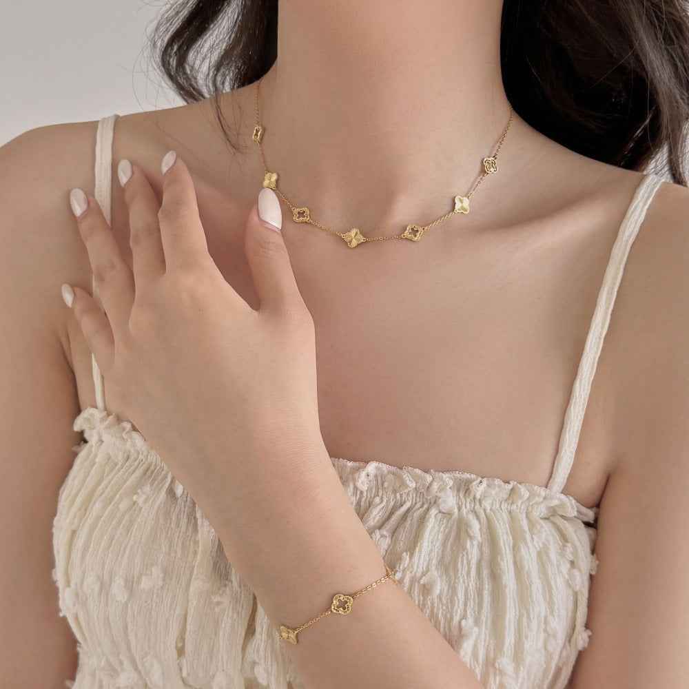 “Luster Clover” 925 Sterling Silver Laser-Cut Clover Necklace & Bracelet Set - Image 2