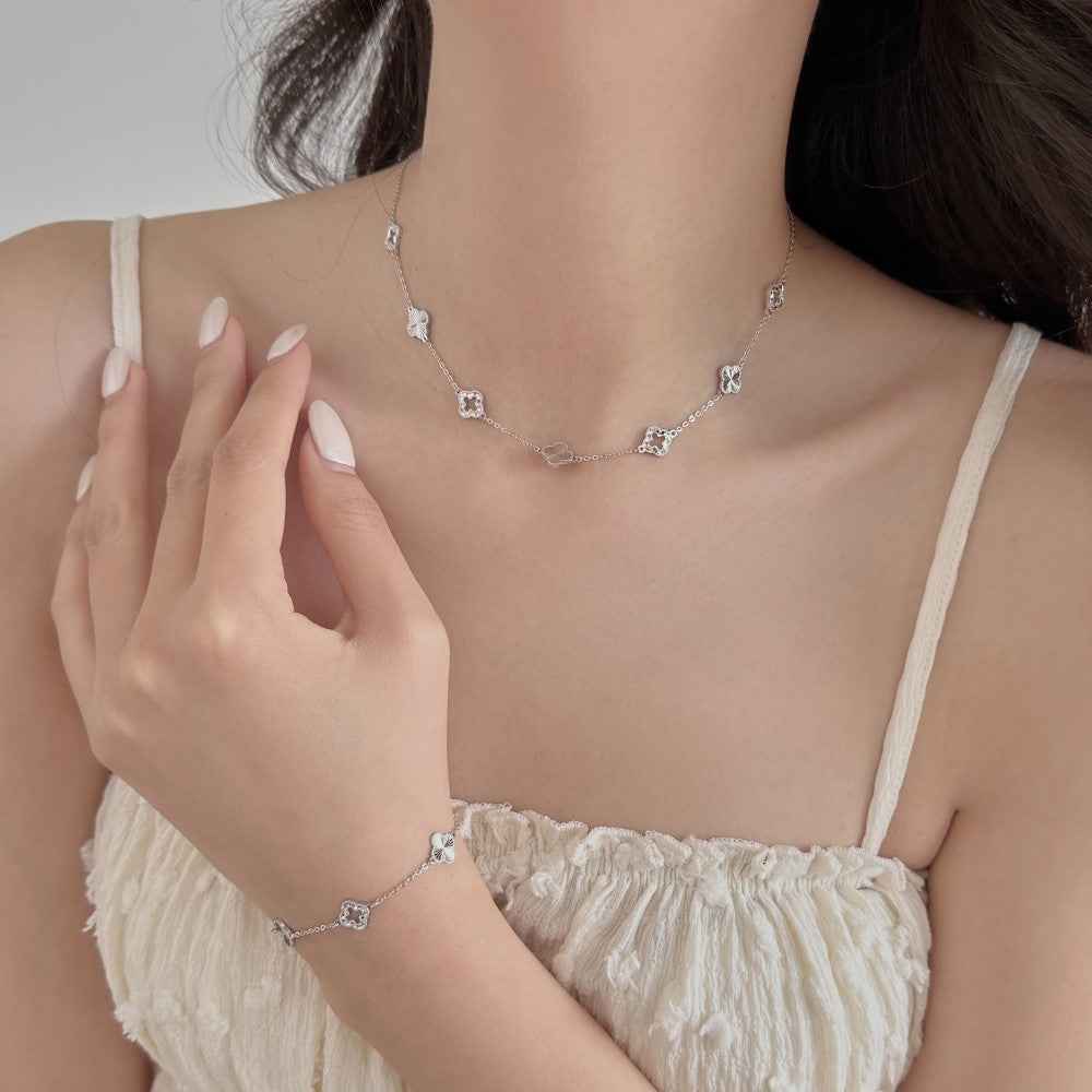 “Luster Clover” 925 Sterling Silver Laser-Cut Clover Necklace & Bracelet Set - Image 4