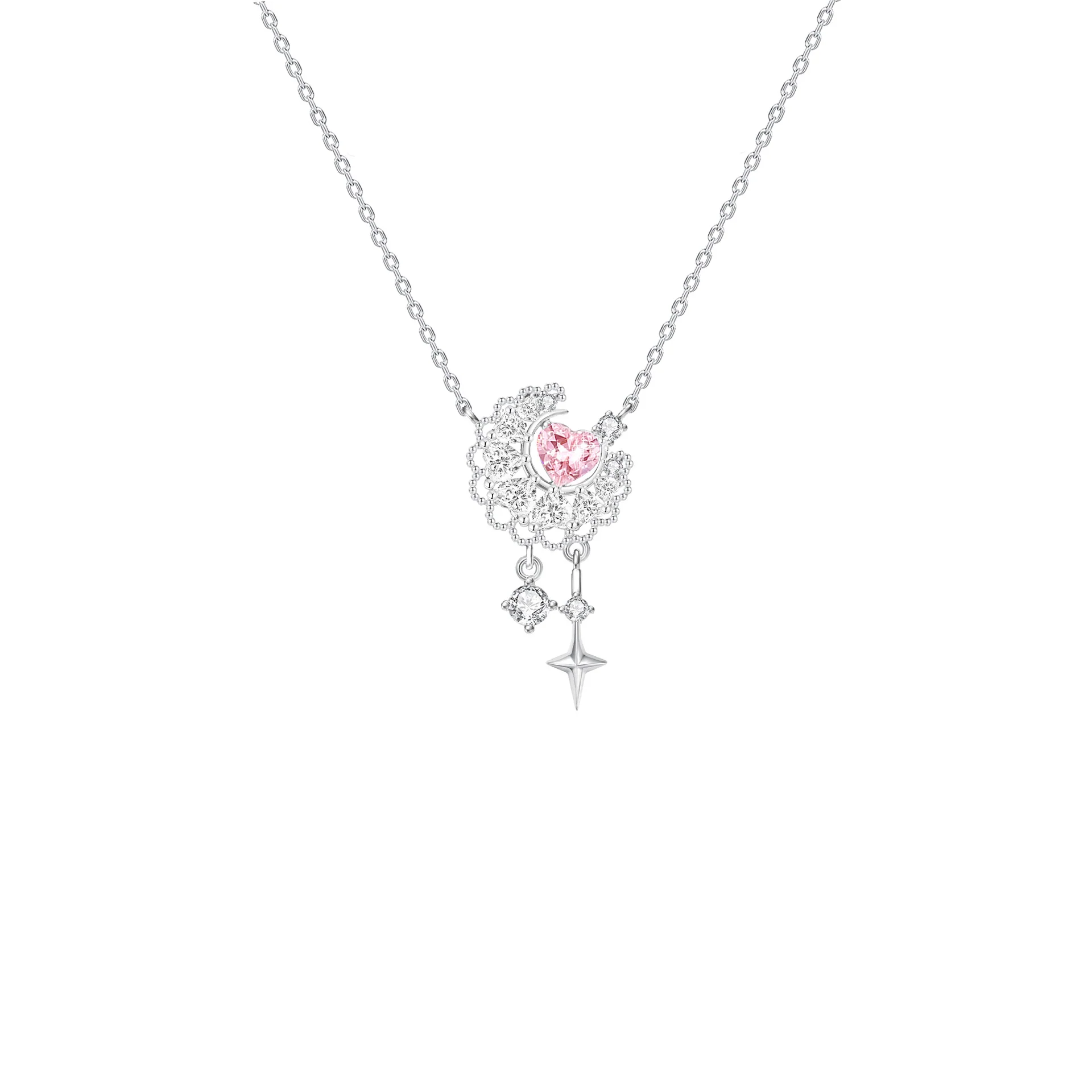 “Moonlace Reverie” S925 Sterling Silver Pink Heart Moon Lace Necklace