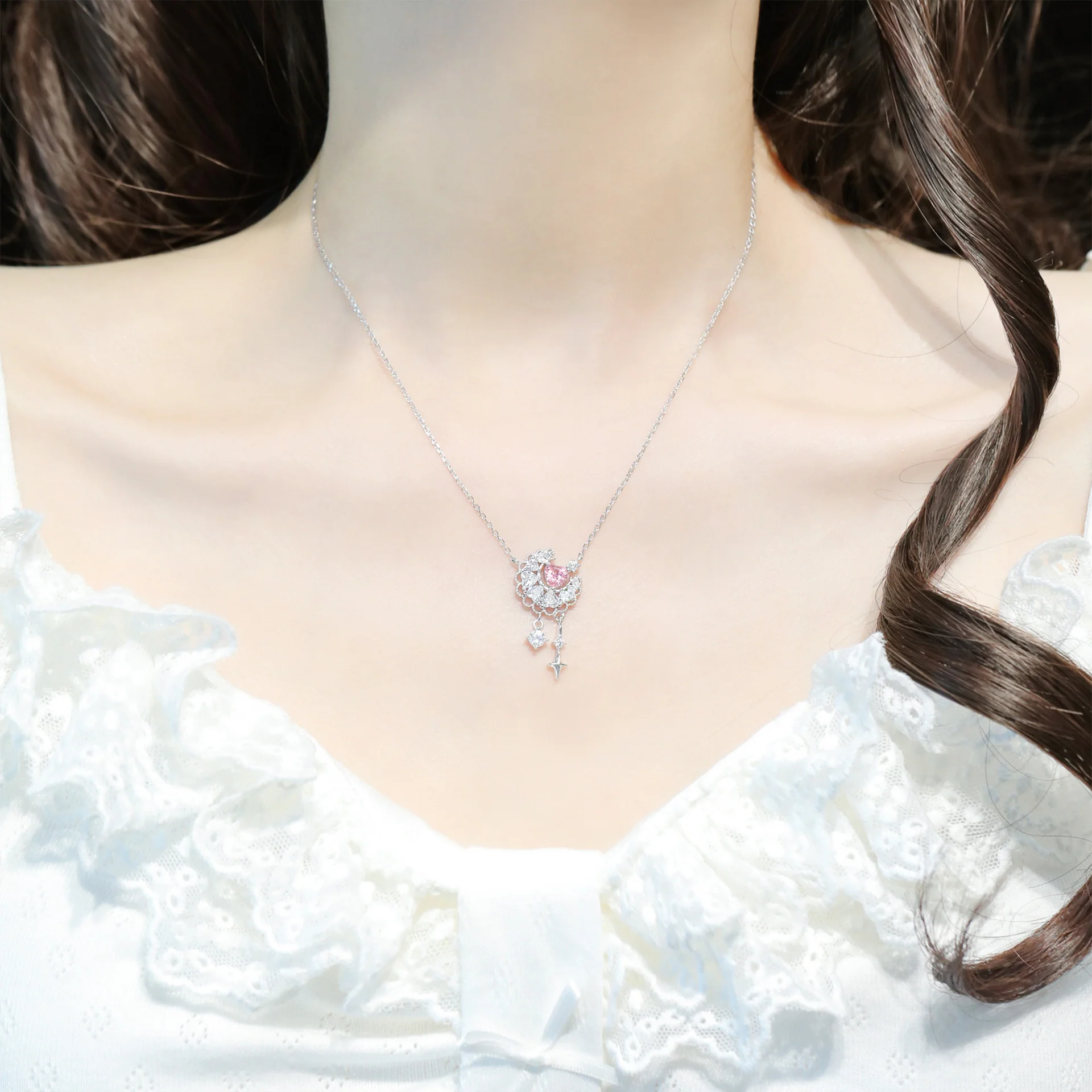 “Moonlace Reverie” S925 Sterling Silver Pink Heart Moon Lace Necklace - Image 2