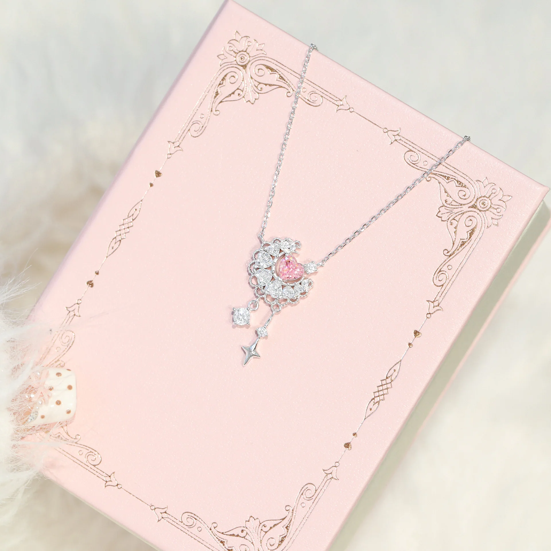“Moonlace Reverie” S925 Sterling Silver Pink Heart Moon Lace Necklace - Image 3