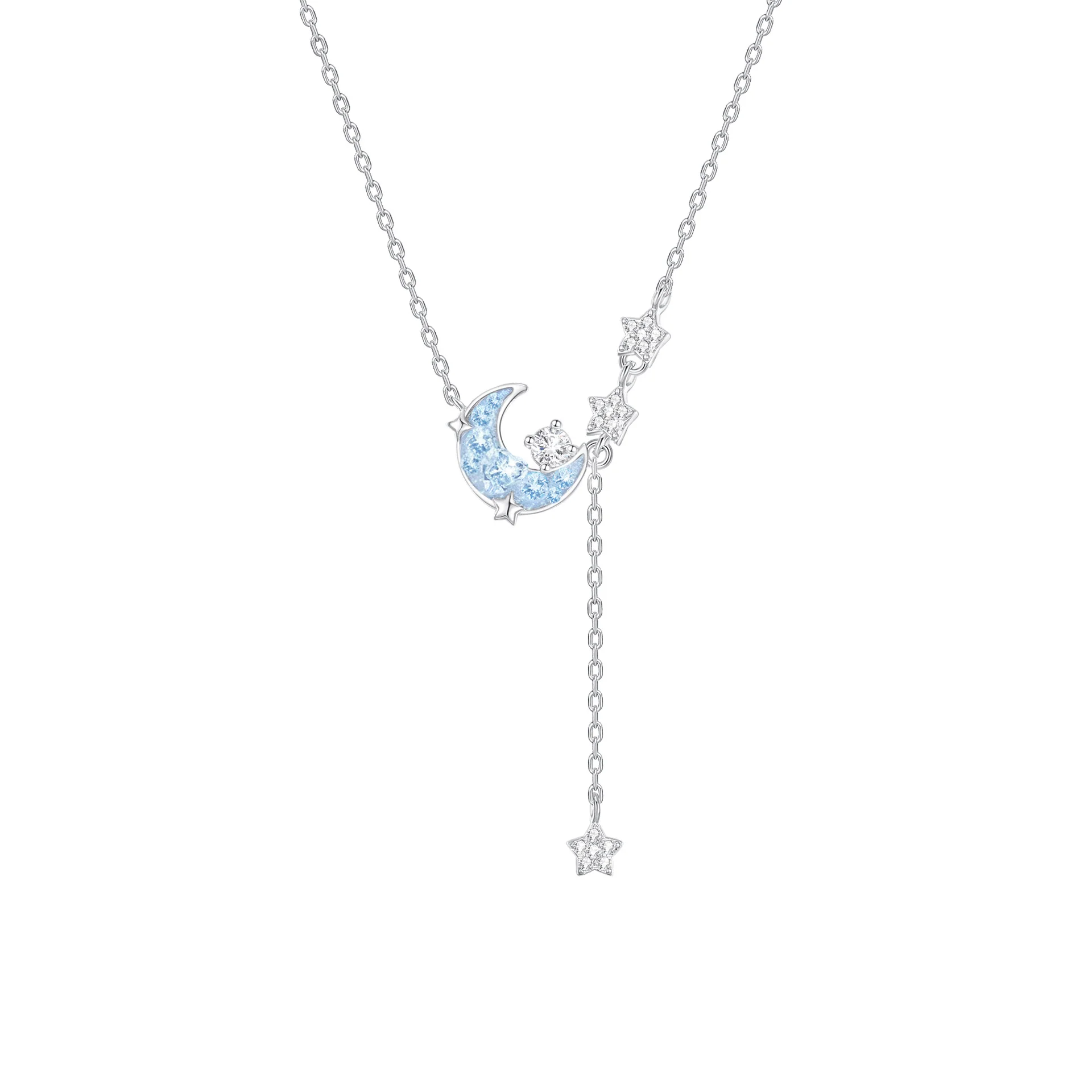 “Moonlit Aurora” S925 Sterling Silver Blue Moon Star Tassel Jewelry Set - Image 4