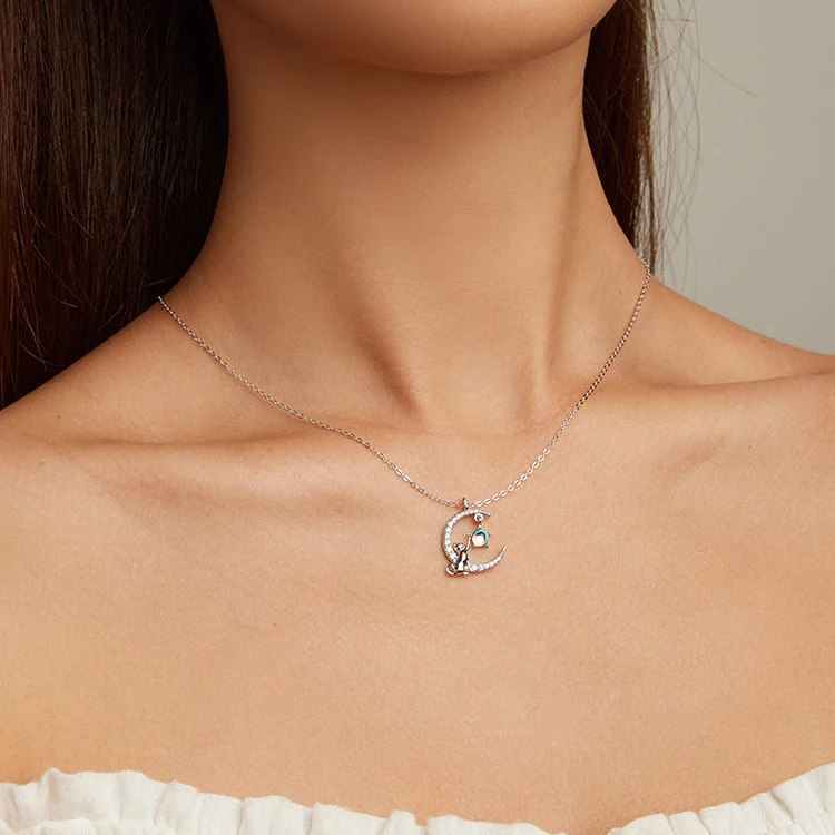 "Moonlit Cat" 925 Sterling Silver Necklace – White Gold Plated, Zircon & Moonstone - Image 2