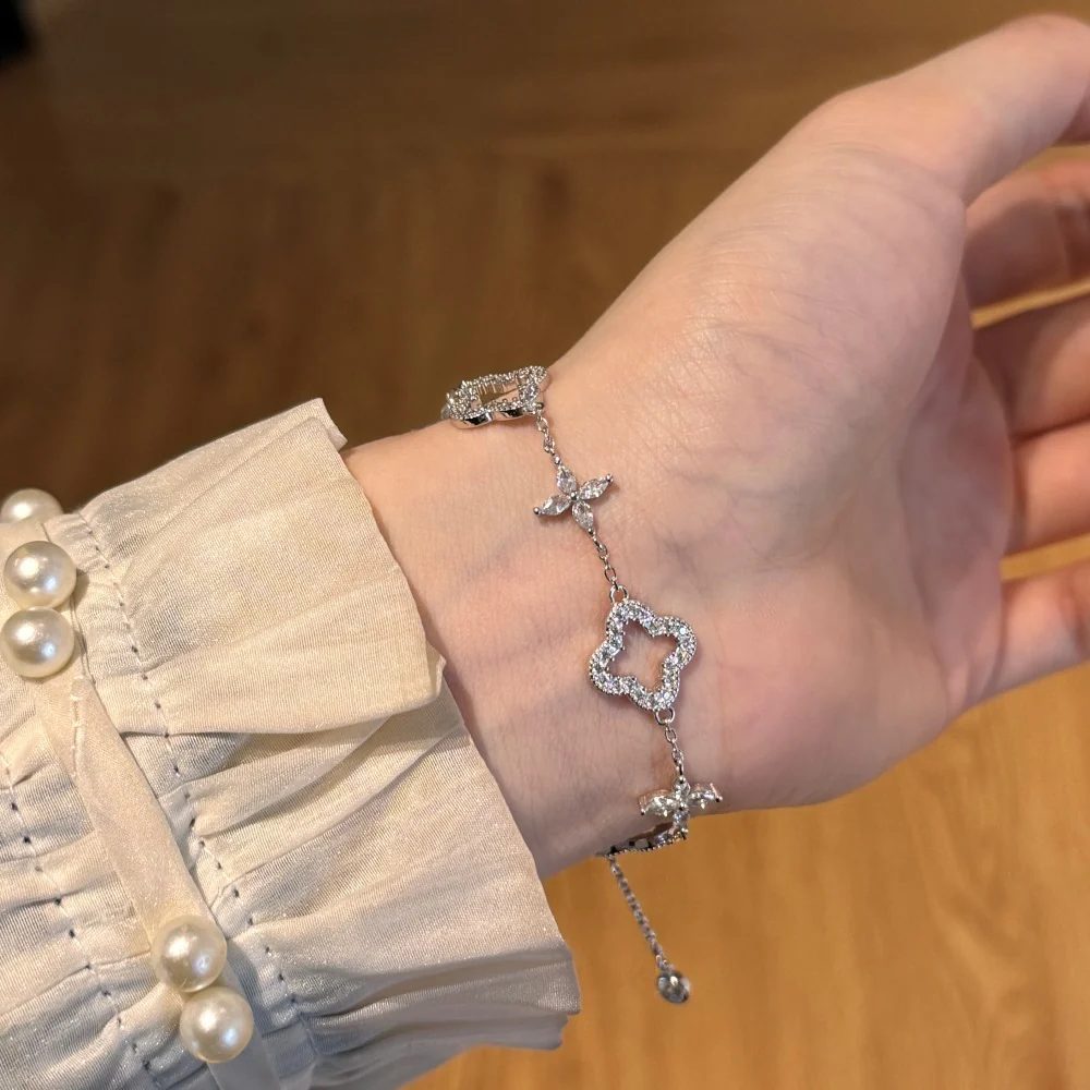 Moonlit Clover – S925 Silver & Gold Hollow Clover Bracelet with CZ - Image 7