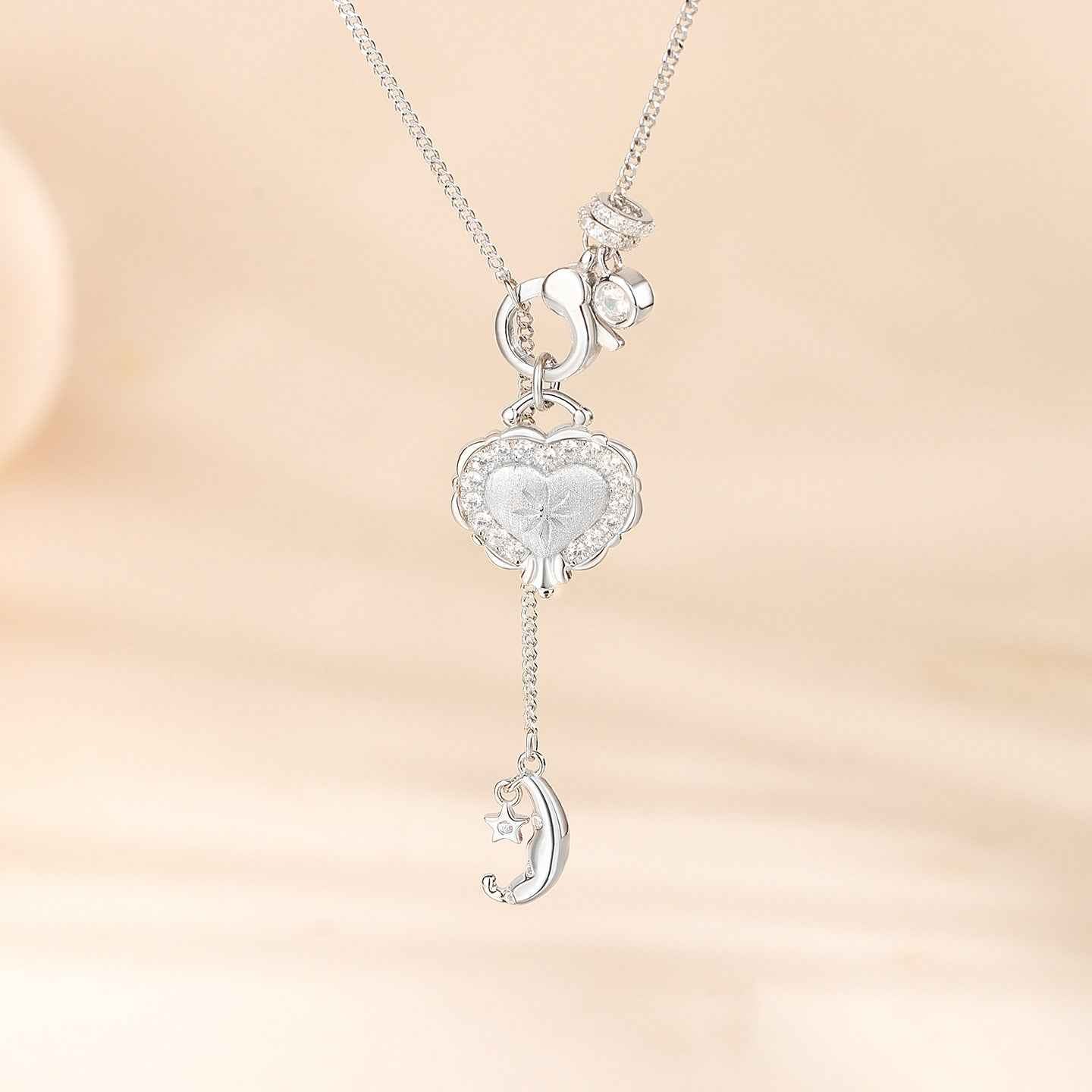 “Moonlit Heartfall” 925 Sterling Silver Star Moon Heart Pendant Necklace - Image 2