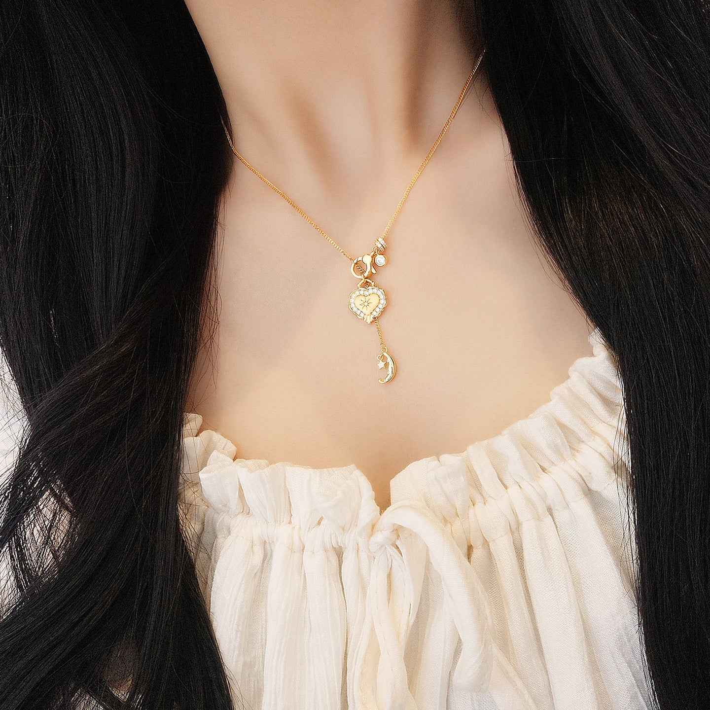 “Moonlit Heartfall” 925 Sterling Silver Star Moon Heart Pendant Necklace - Image 3