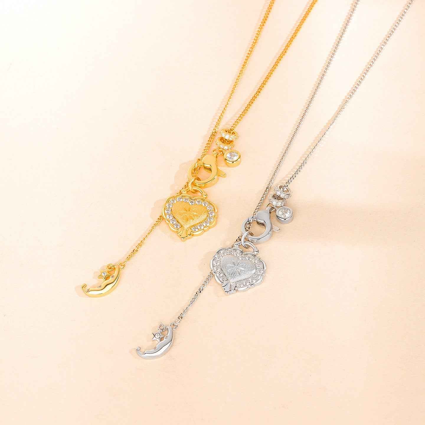 “Moonlit Heartfall” 925 Sterling Silver Star Moon Heart Pendant Necklace - Image 5