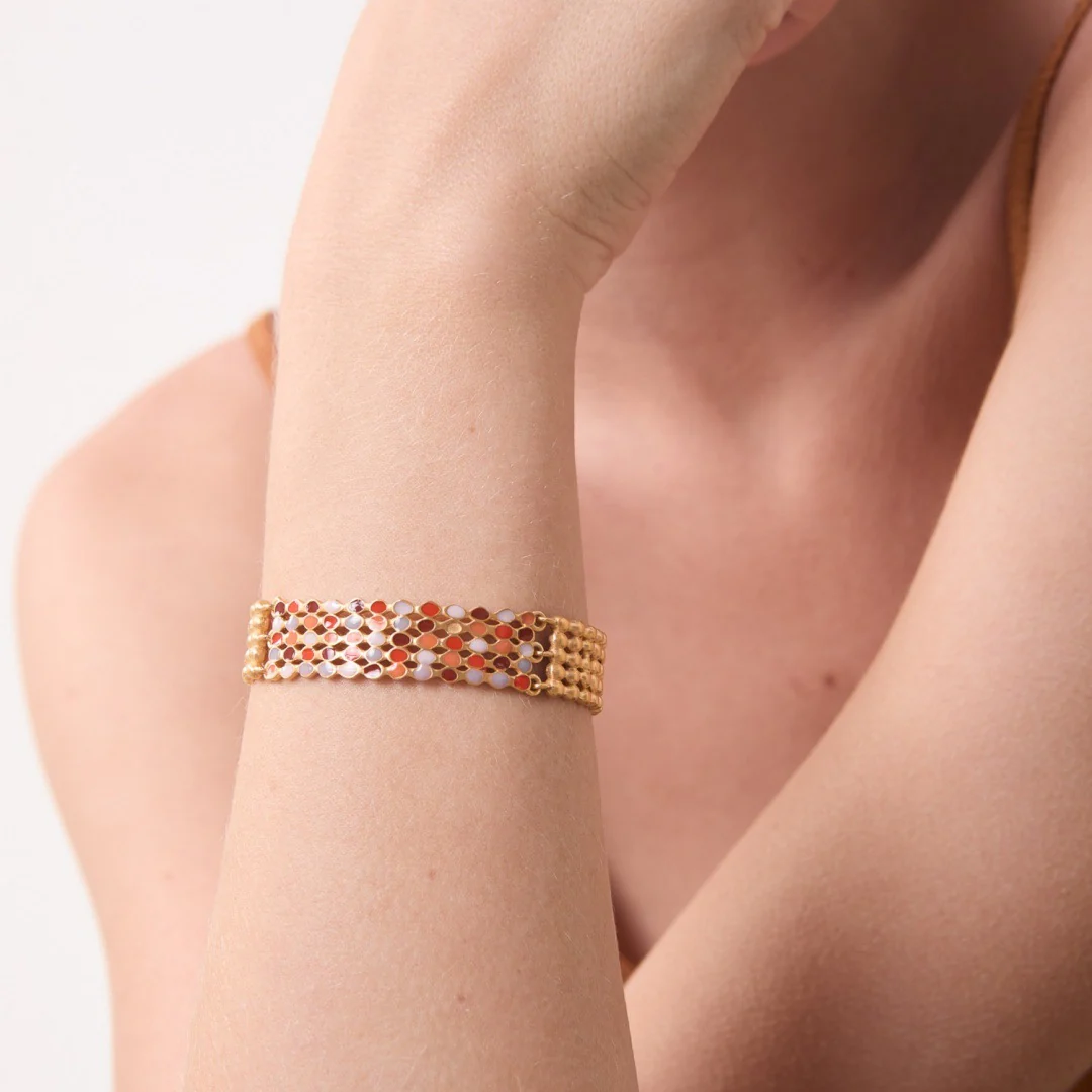 Mosaic Lattice 18K Gold-Plated Brass Enamel Cuff Bracelet - Image 2