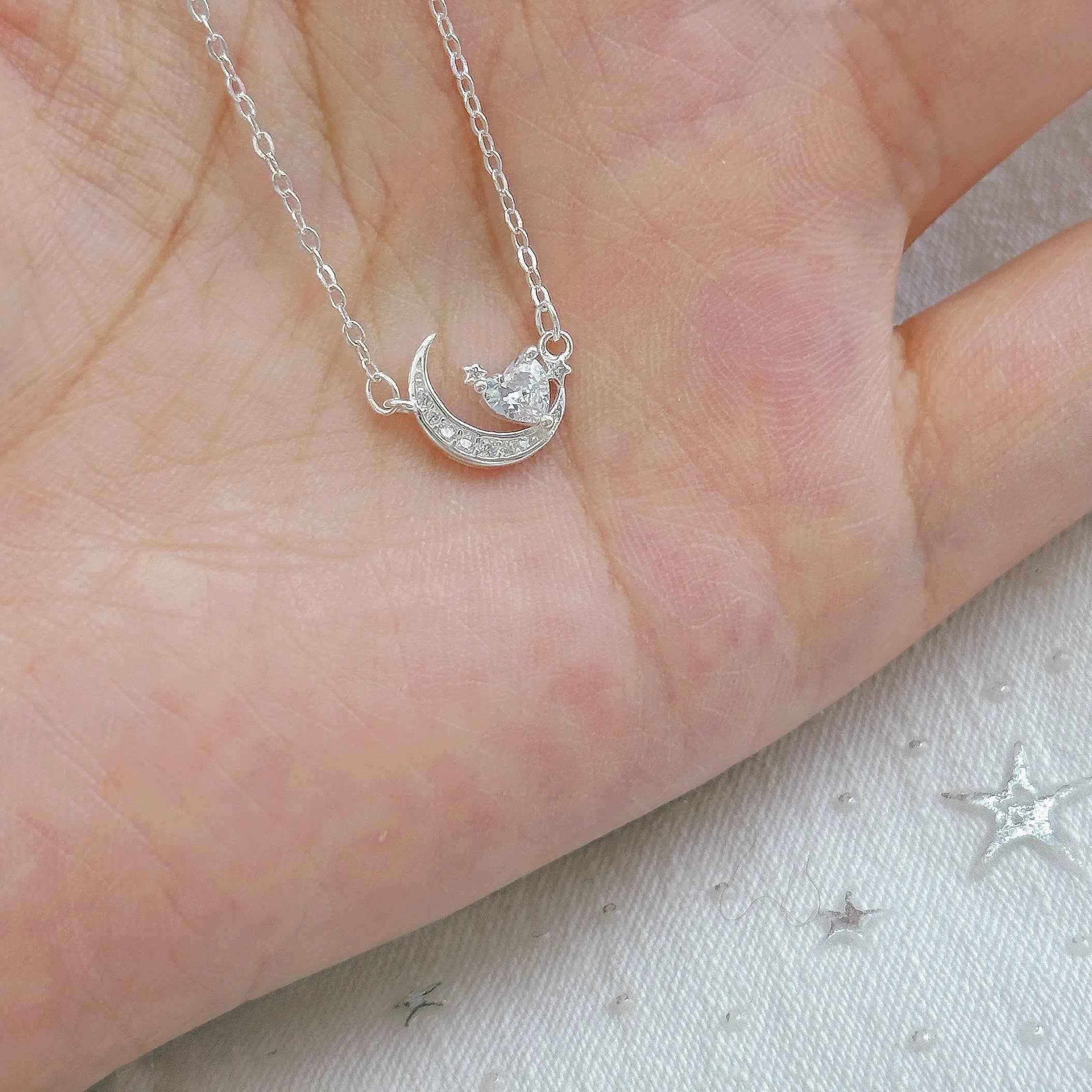 "Night Dream Starlight" 999 Pure Silver Heart and Moon Necklace - Dreamy and Elegant - Image 3