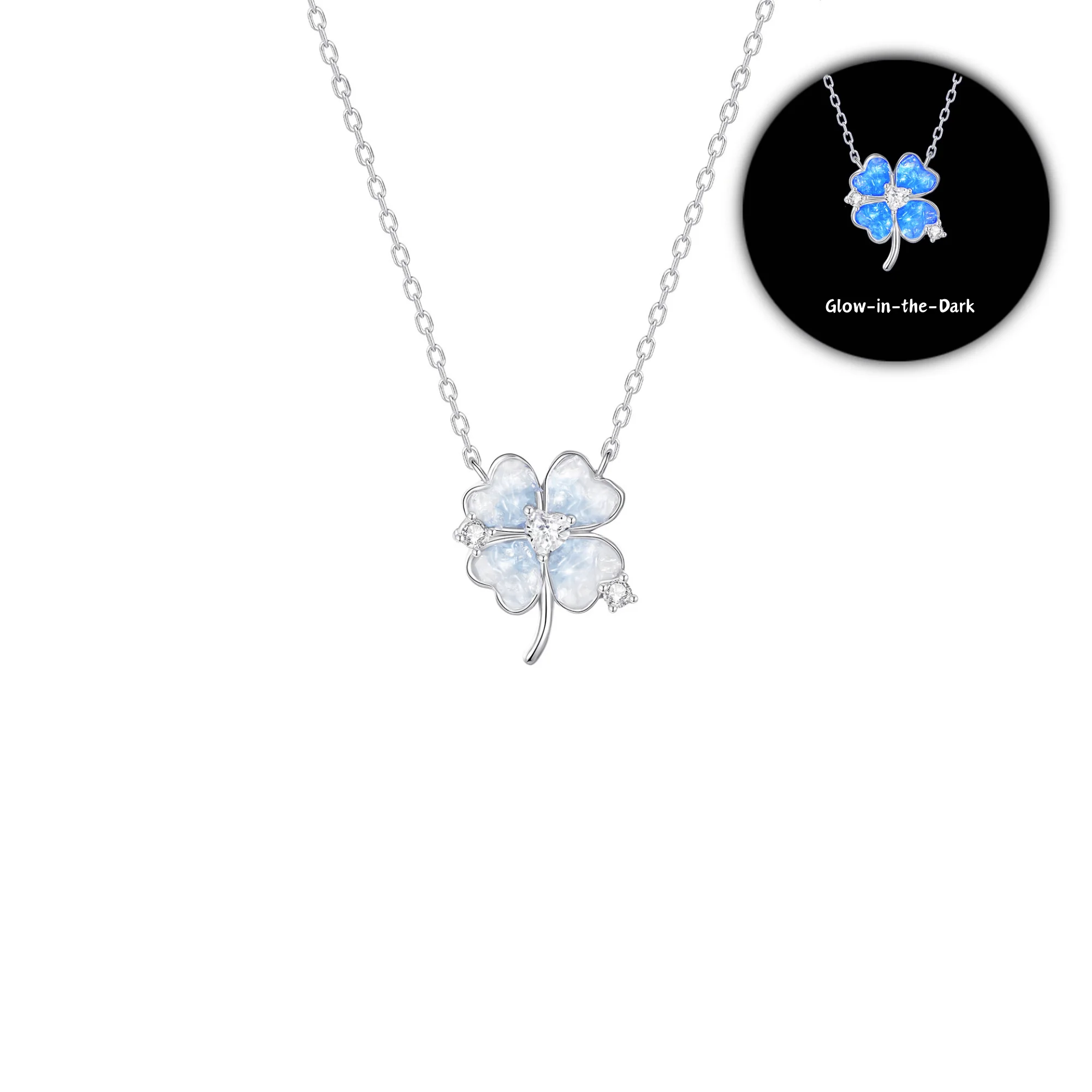 “Noctelle Clover” 925 Sterling Silver Glow Four-Leaf Clover Pendant Necklace