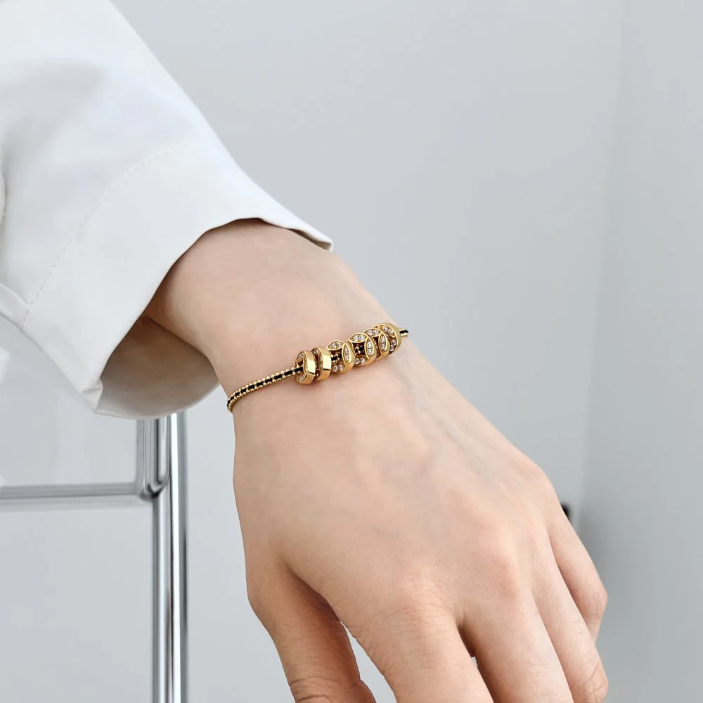 Noir Luxe Coin Charm Bracelet – 925 Sterling Silver with Black-Gold Braided Design - Image 5