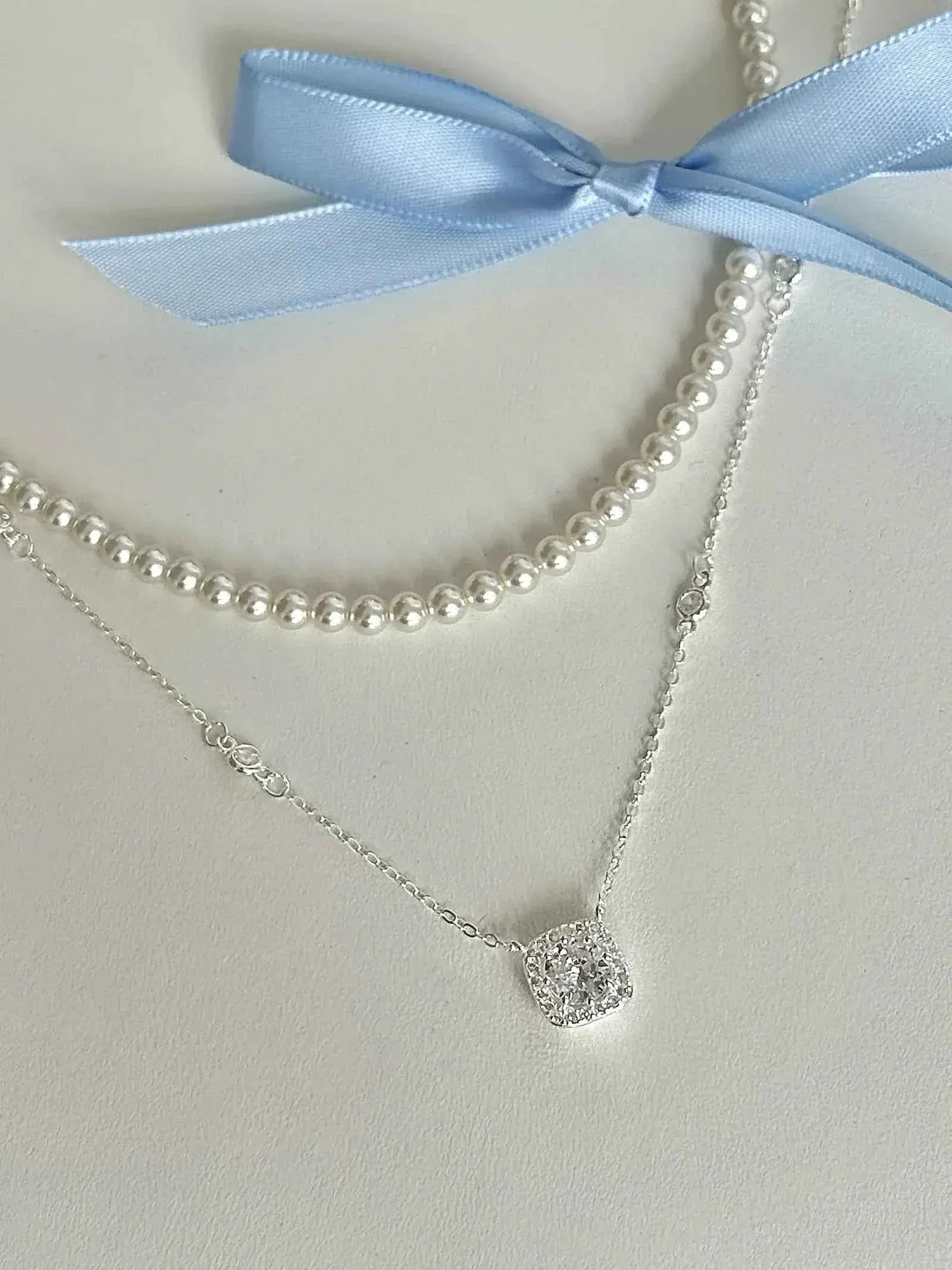 "Oil Painting Maiden" 925 Sterling Silver Cube Sugar Diamond and Pearl Vintage Layered Necklace - Low Luxury, Elegant, and Refined - Image 5