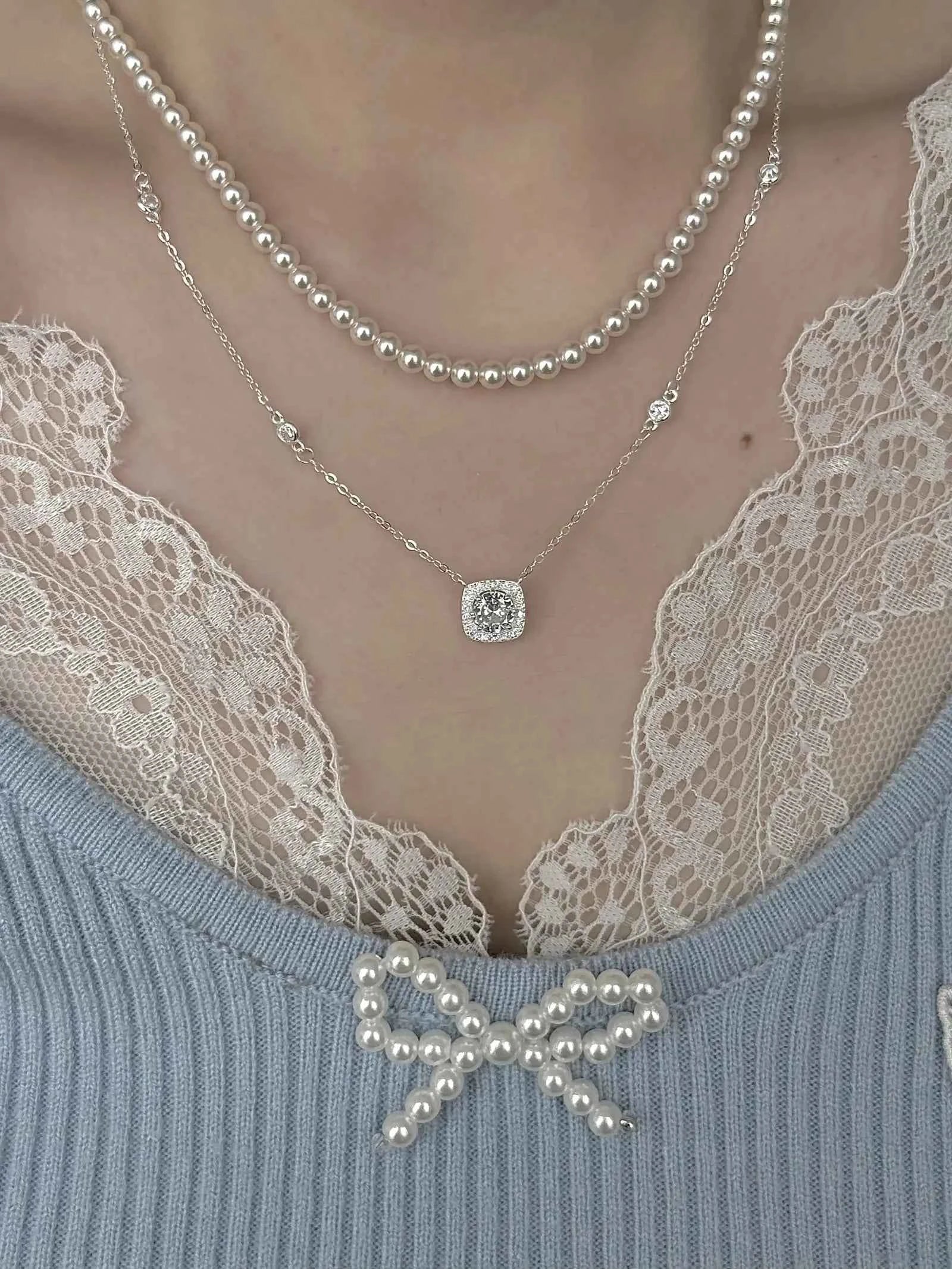 "Oil Painting Maiden" 925 Sterling Silver Cube Sugar Diamond and Pearl Vintage Layered Necklace - Low Luxury, Elegant, and Refined - Image 6