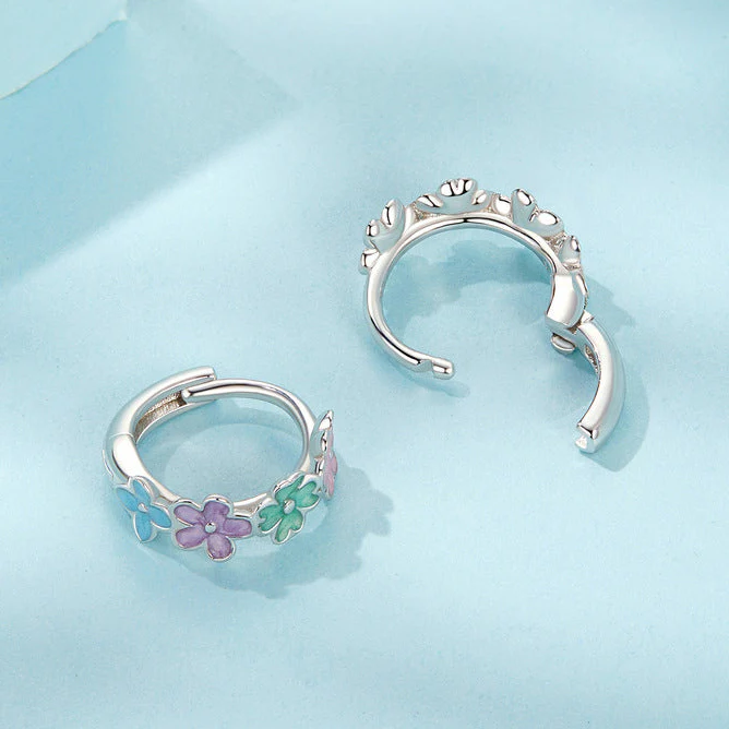 “Pastel Bloom” S925 Sterling Silver Colorful Floral Huggie Earrings - Image 3
