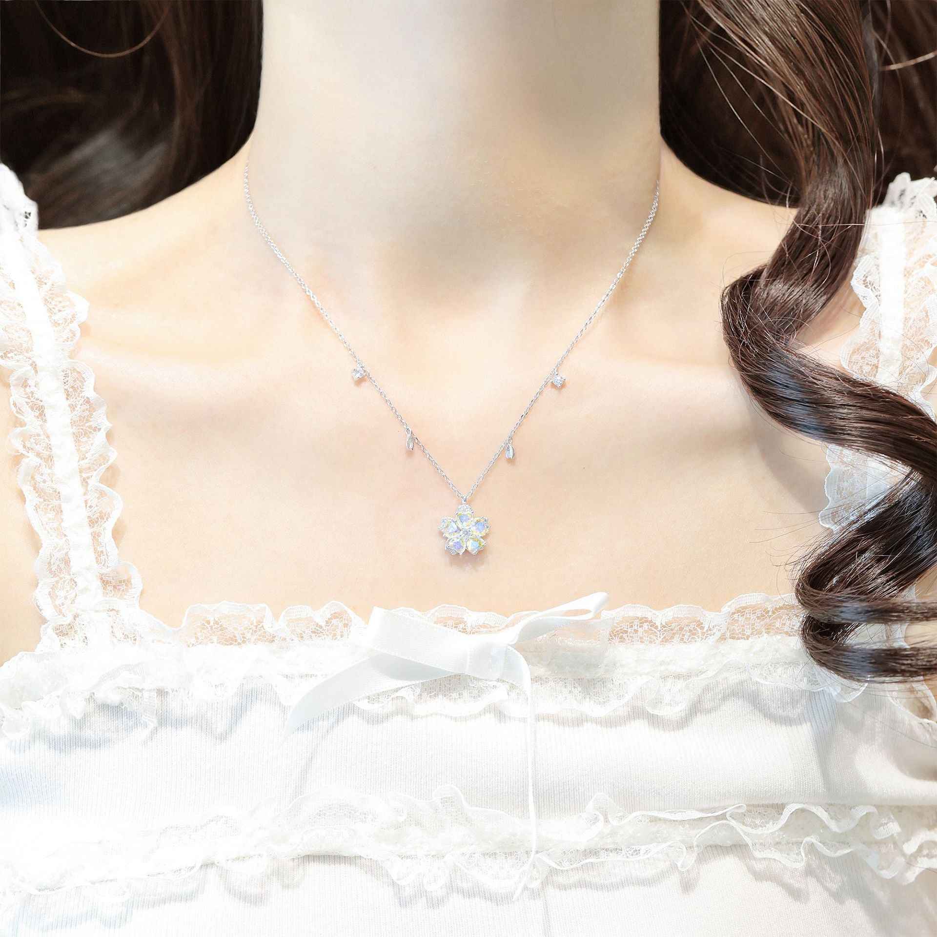 “Petal Reverie” 925 Sterling Silver Rotating Sakura Necklace & Bracelet & Earrings Set - Image 2