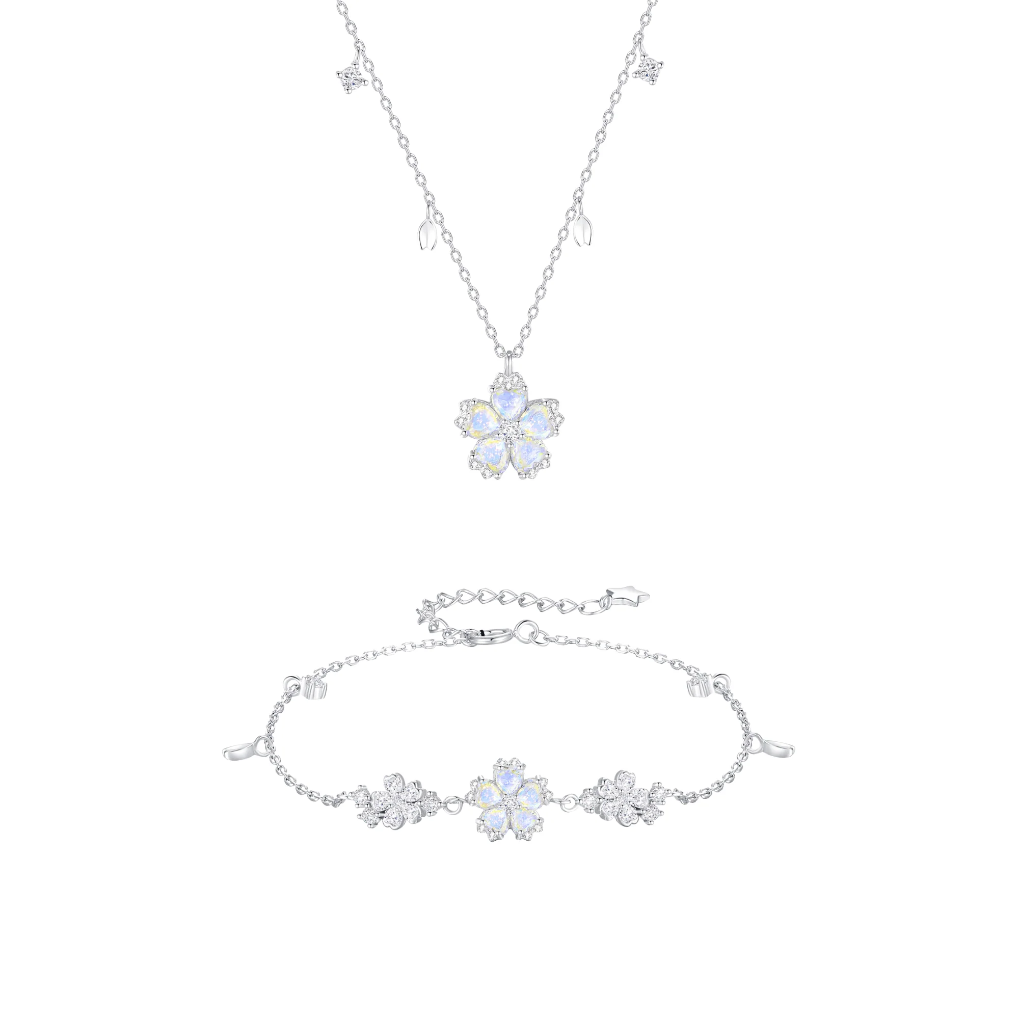 “Petal Reverie” 925 Sterling Silver Rotating Sakura Necklace & Bracelet & Earrings Set - Image 5
