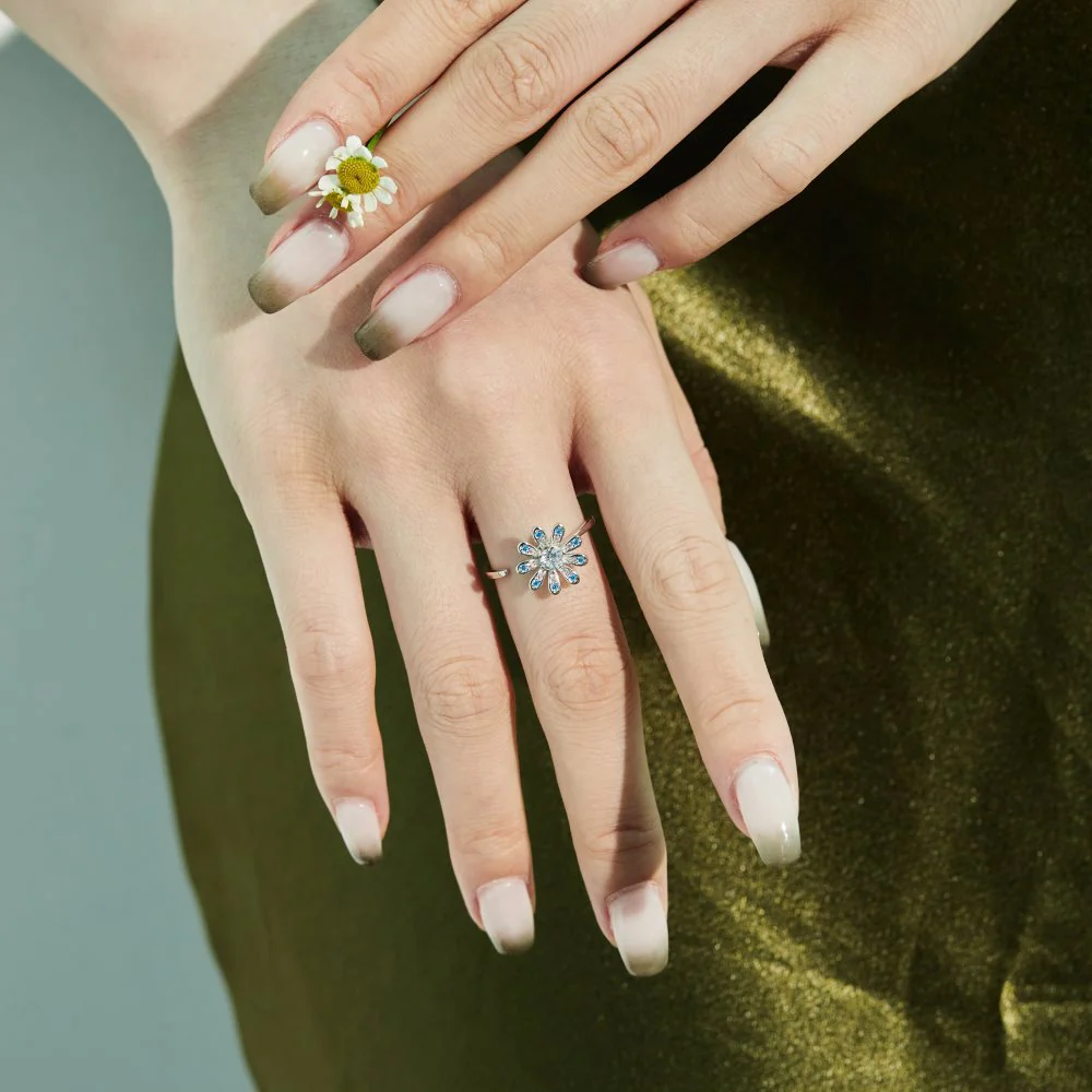 “Petal Spin” 925 Sterling Silver Rotating Flower Stress-Relief Ring - Image 4