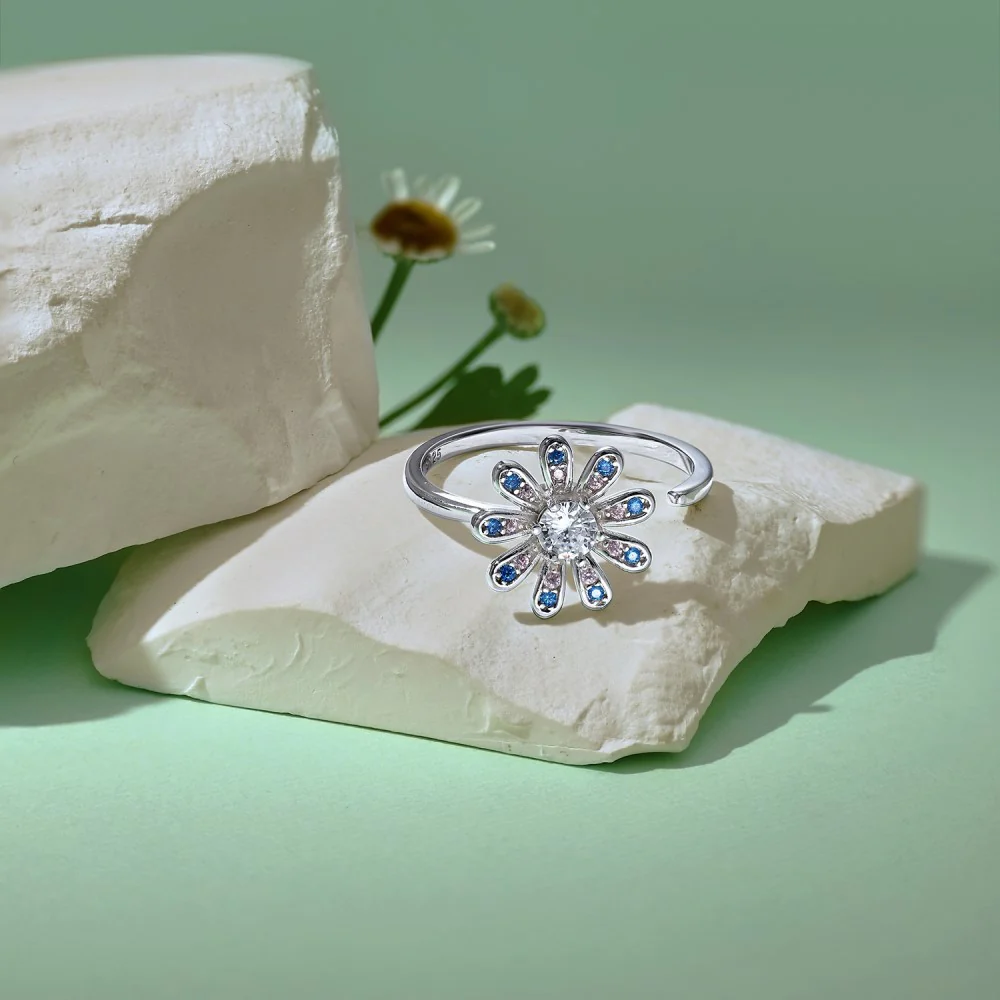 “Petal Spin” 925 Sterling Silver Rotating Flower Stress-Relief Ring - Image 5