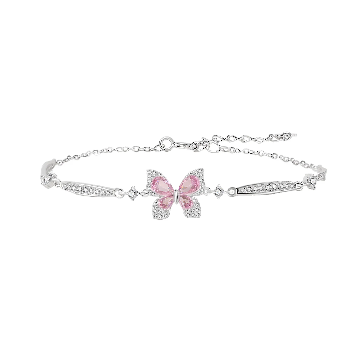“Pink Flutter” S925 Sterling Silver Pavé Butterfly Bracelet
