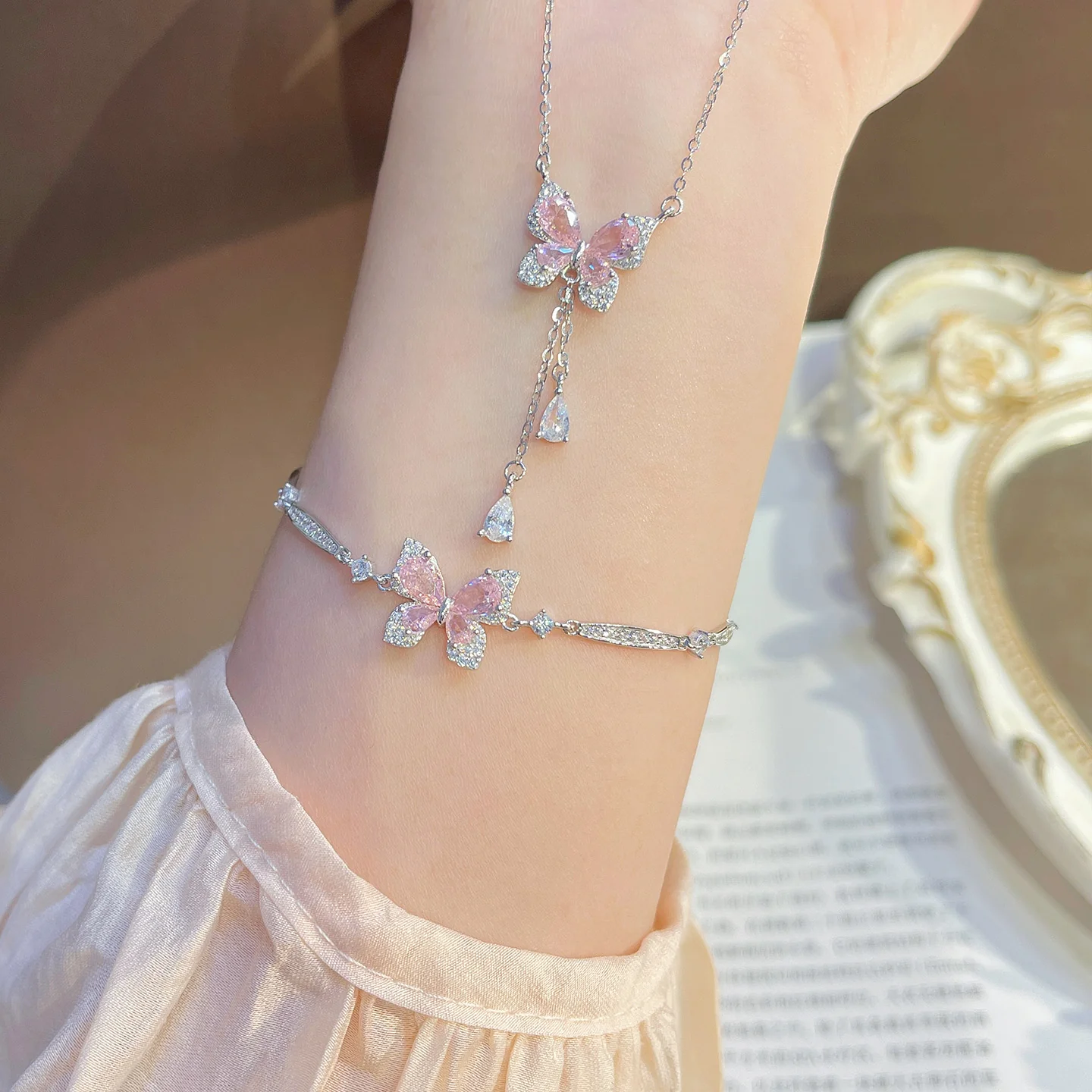 “Pink Flutter” S925 Sterling Silver Pavé Butterfly Bracelet - Image 2