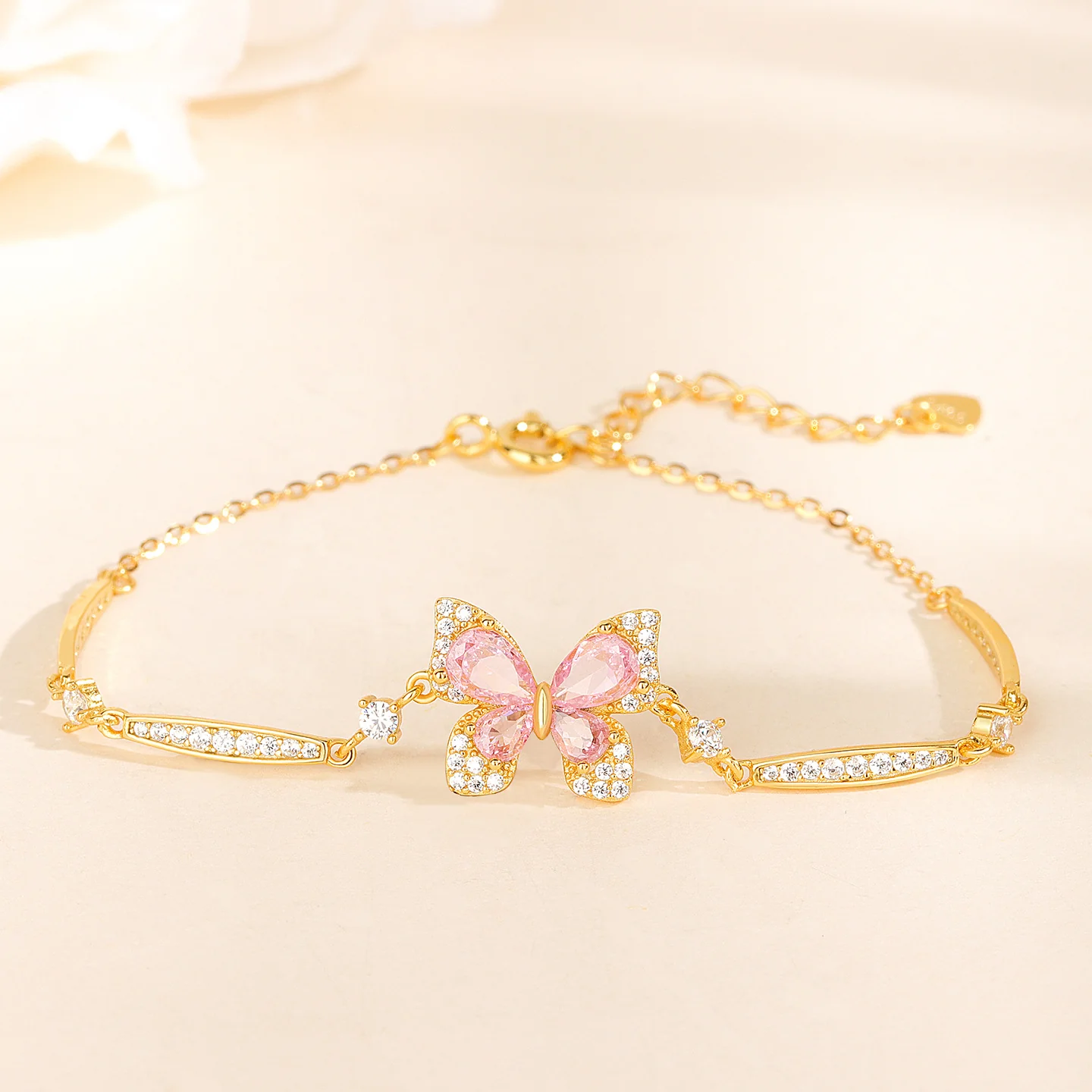 “Pink Flutter” S925 Sterling Silver Pavé Butterfly Bracelet - Image 3