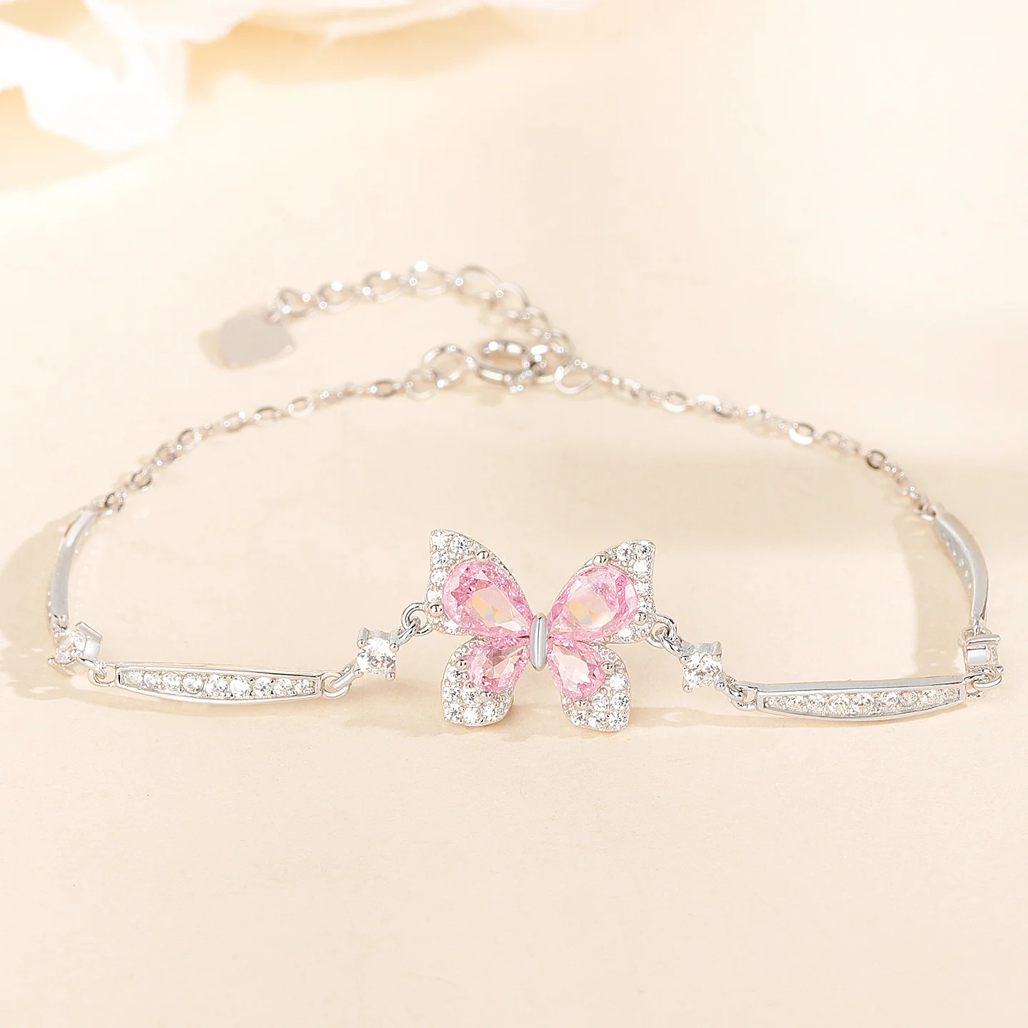 “Pink Flutter” S925 Sterling Silver Pavé Butterfly Bracelet - Image 4