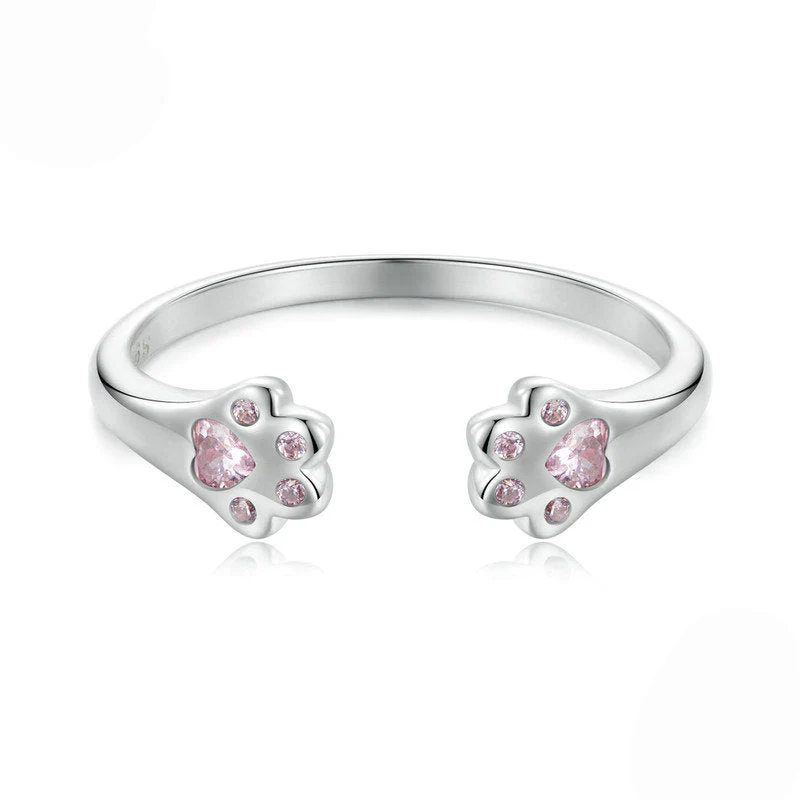 “Pink Paw Charm” S925 Sterling Silver Pink Paw Open Ring