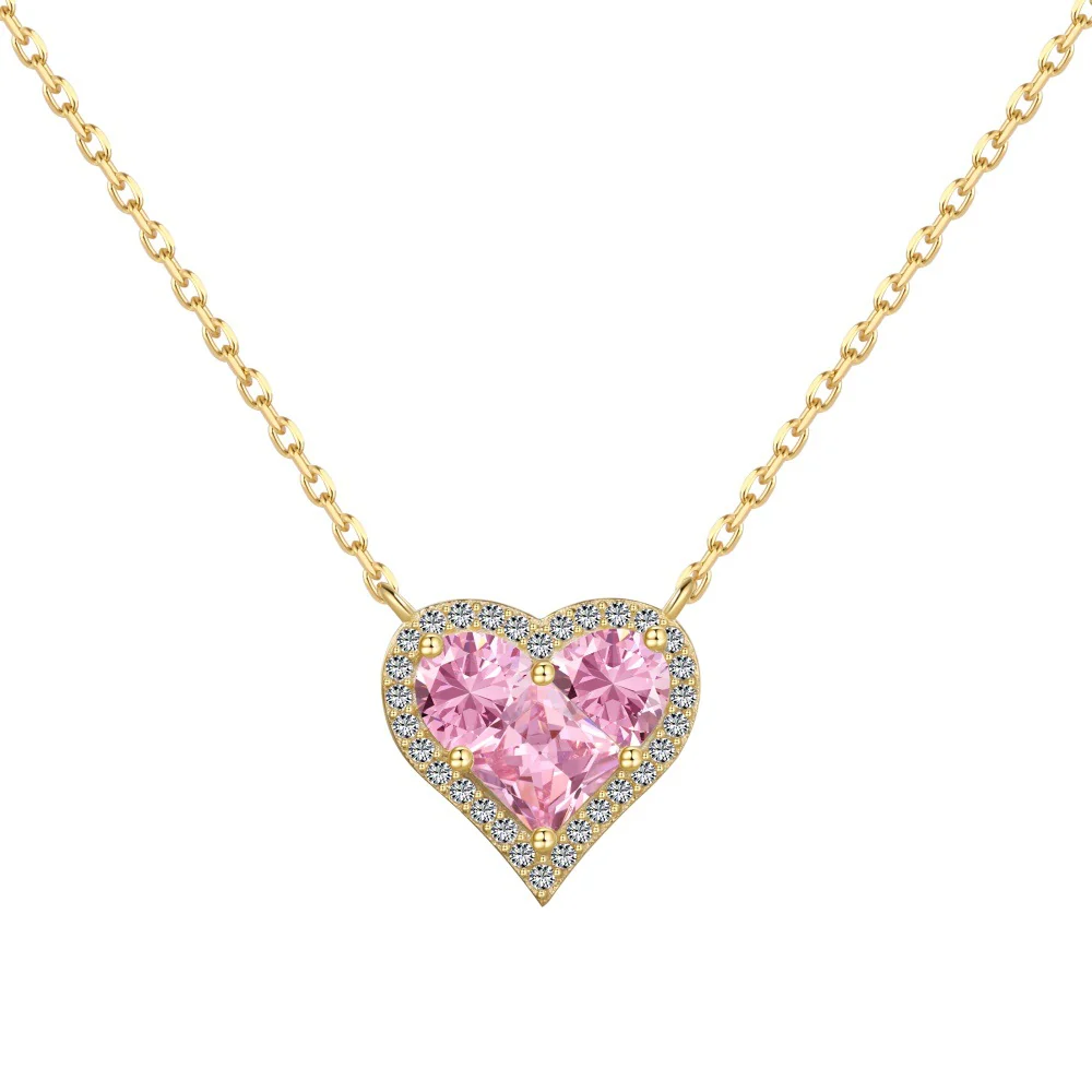 “Pink Prism Heart” S925 Sterling Silver Geometric Heart Zircon Jewelry Set (Necklace & Stud Earrings) - Image 2