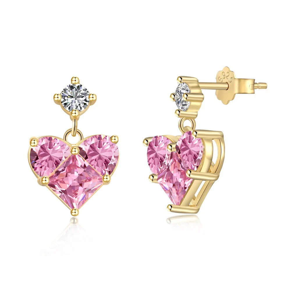 “Pink Prism Heart” S925 Sterling Silver Geometric Heart Zircon Jewelry Set (Necklace & Stud Earrings) - Image 3