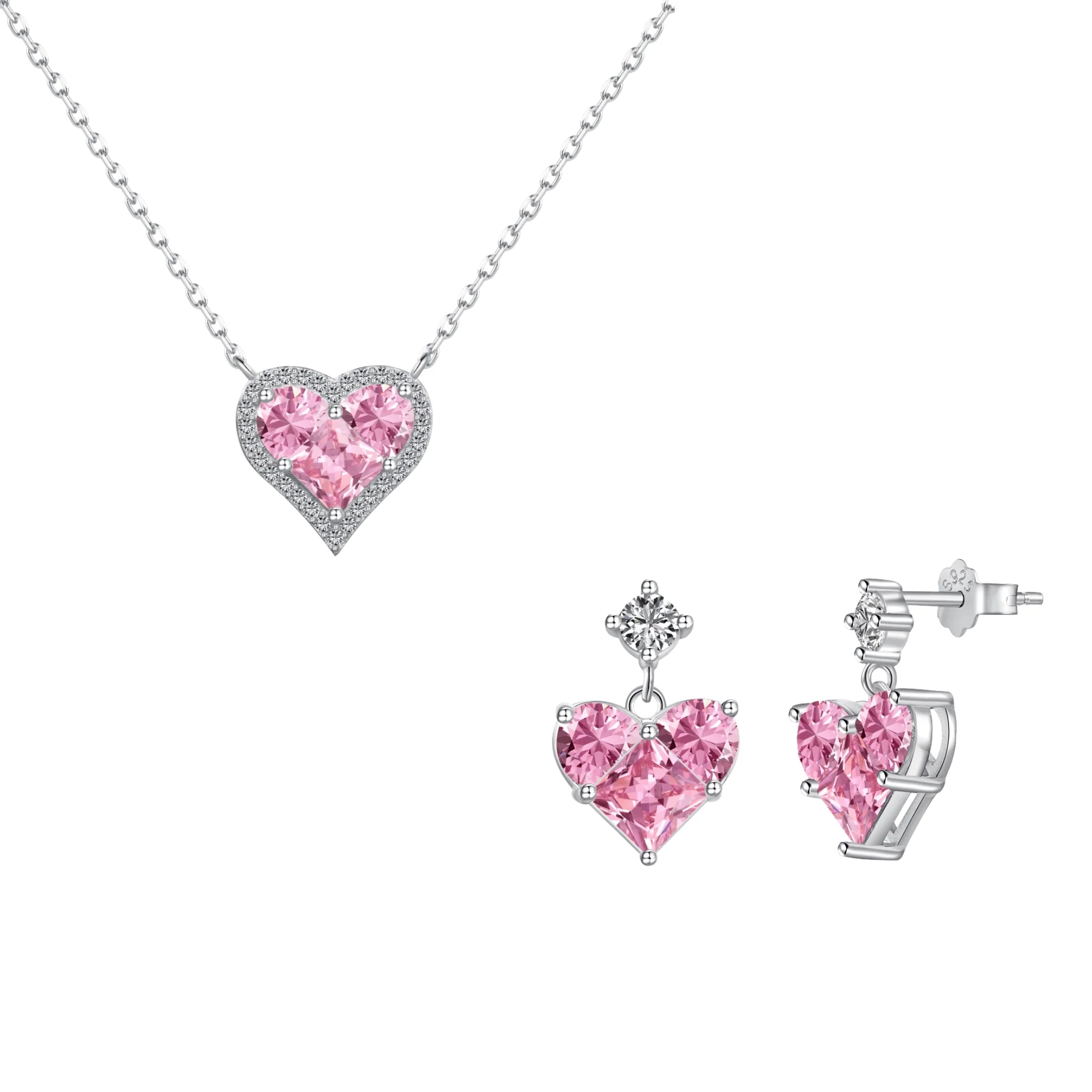 “Pink Prism Heart” S925 Sterling Silver Geometric Heart Zircon Jewelry Set (Necklace & Stud Earrings) - Image 5