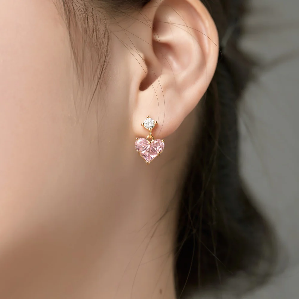 “Pink Prism Heart” S925 Sterling Silver Geometric Heart Zircon Jewelry Set (Necklace & Stud Earrings) - Image 6