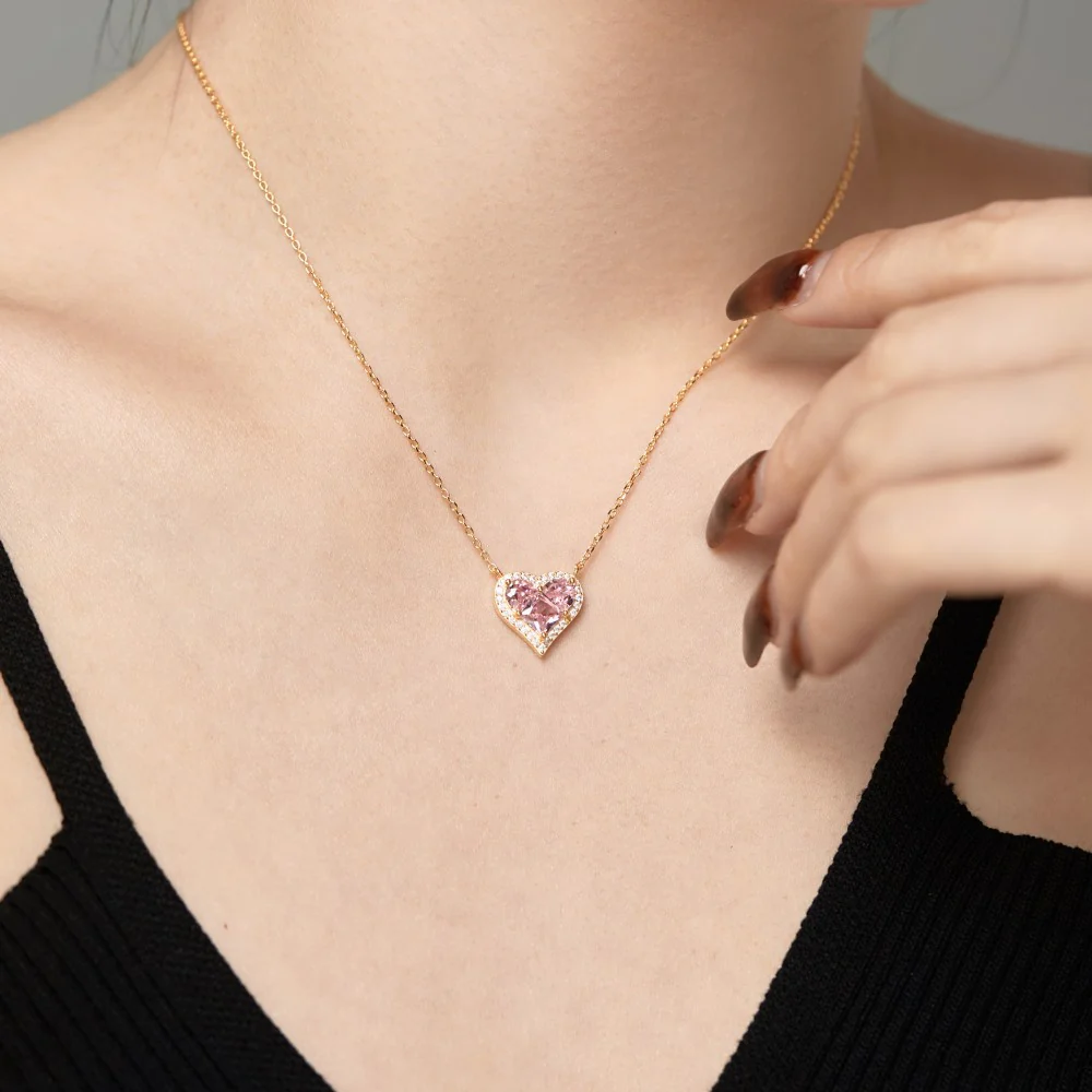 “Pink Prism Heart” S925 Sterling Silver Geometric Heart Zircon Jewelry Set (Necklace & Stud Earrings) - Image 7