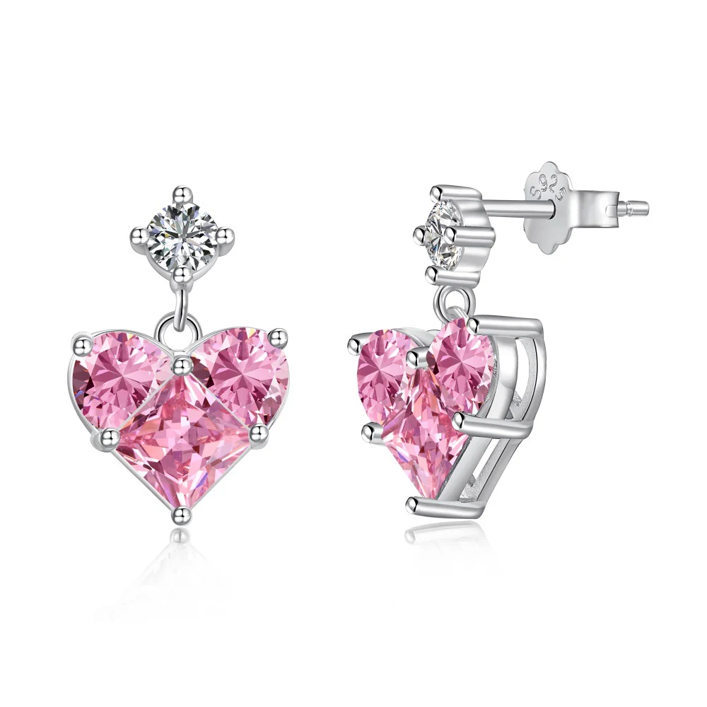 “Pink Prism Heart” S925 Sterling Silver Geometric Heart Zircon Jewelry Set (Necklace & Stud Earrings) - Image 8