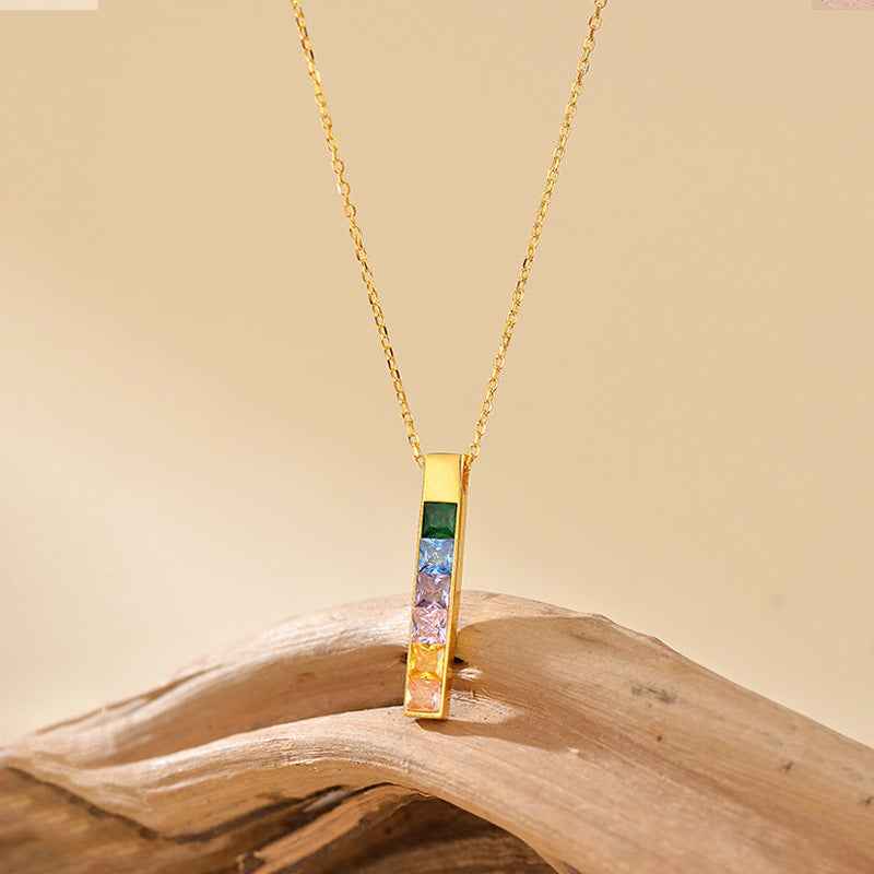 “Prism Column” 925 Sterling Silver Multicolor Zircon Bar Necklace - Image 4