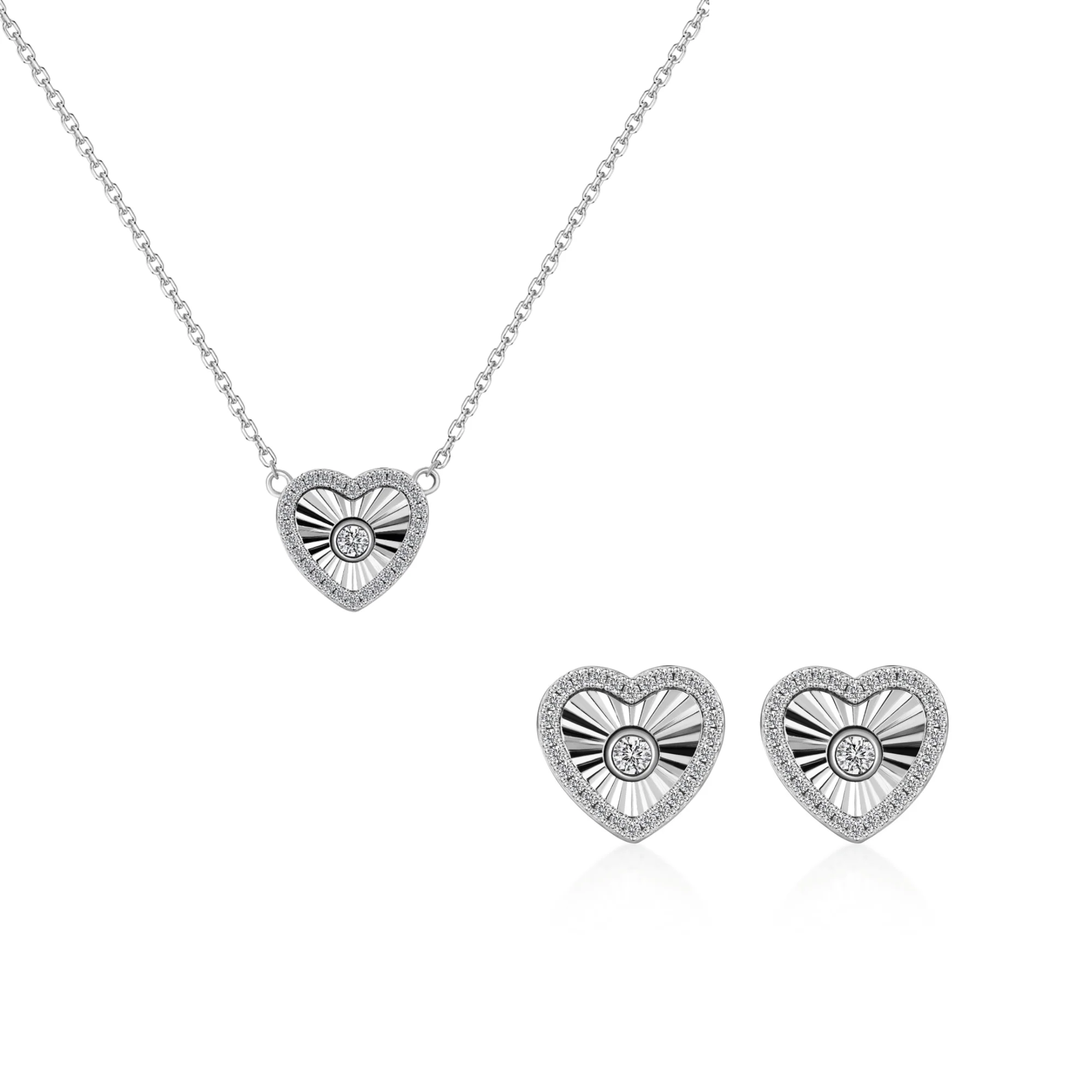 “Radiant Heart” S925 Sterling Silver Heart Jewelry Set (Necklace & Stud Earrings)