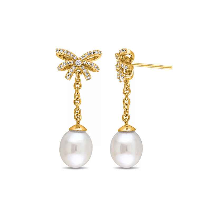 "Ribbon Pearl" 925 Sterling Silver Bow & Pearl Drop Earrings - Image 3